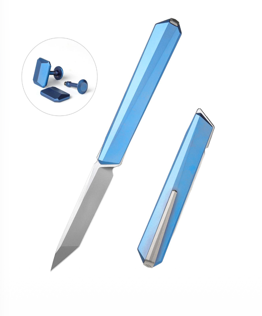 Remette RT-ELIGO EGB4 knife and titanium cufflinks set – 2.76" pearlescent M390 tanto folding knife with anodized titanium handle, double detent lock, and matching cufflinks