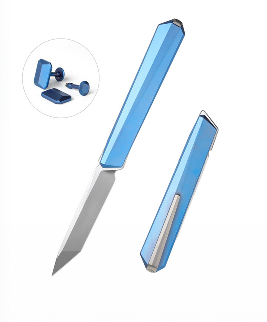 Remette RT-ELIGO EGB4 knife and titanium cufflinks set – 2.76" pearlescent M390 tanto folding knife with anodized titanium handle, double detent lock, and matching cufflinks