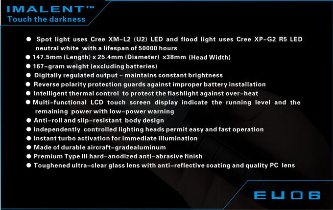 Imalent EU06V 1 x 18650 / 2 x CR123A CREE XM-L2 U2 1190 Lumen LED Flashlight with Secondary Ultraviolet LED