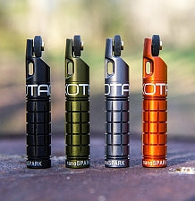 Exotac nanoSPARK EXO-NANOSPARK firestarter shown in all four anodized colors – black, blaze orange, gunmetal and olive drab