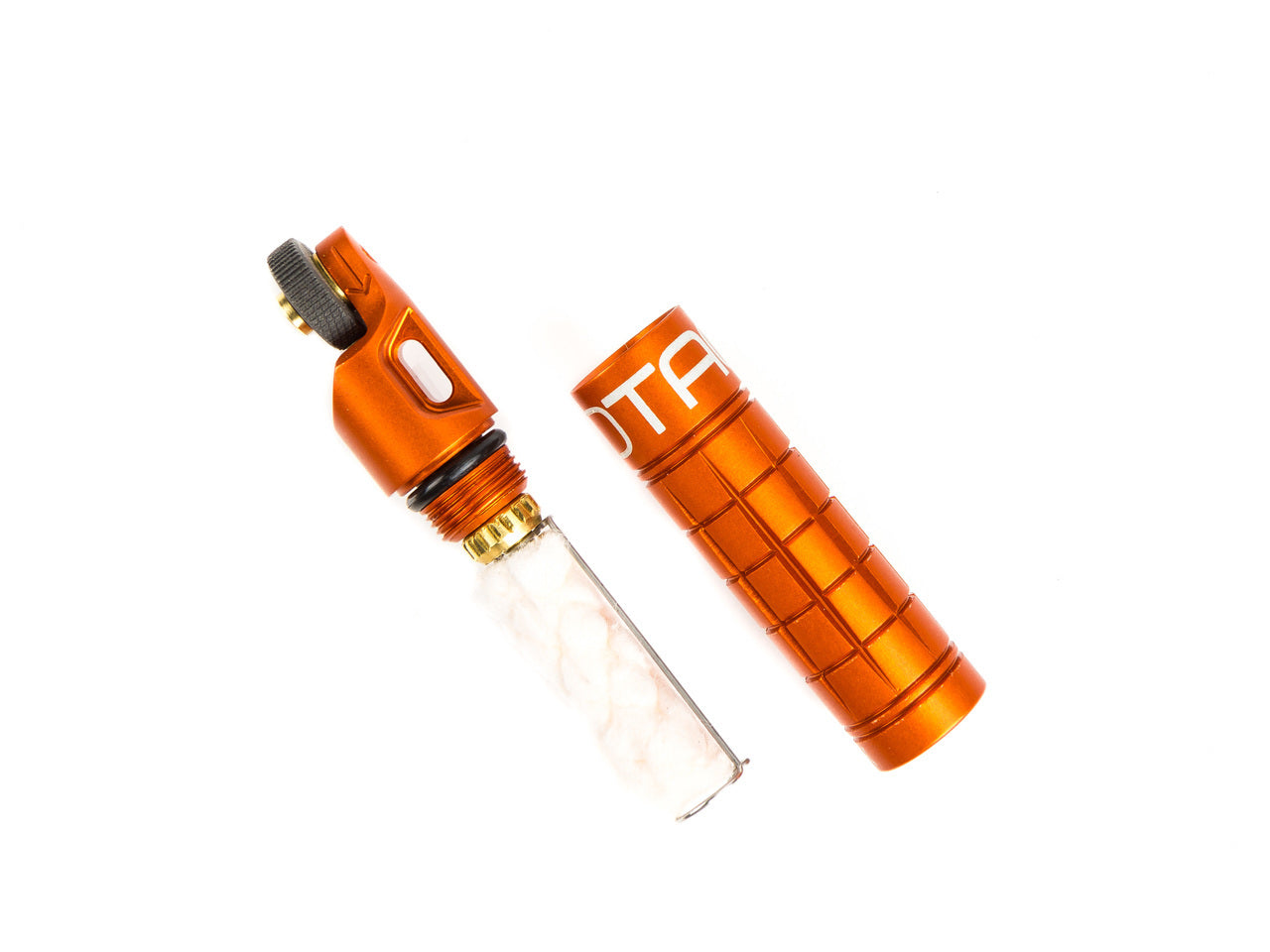 Exotac nanoSPARK EXO-NANOSPARK front view – blaze orange anodized 6061 aluminum one-handed waterproof firestarter