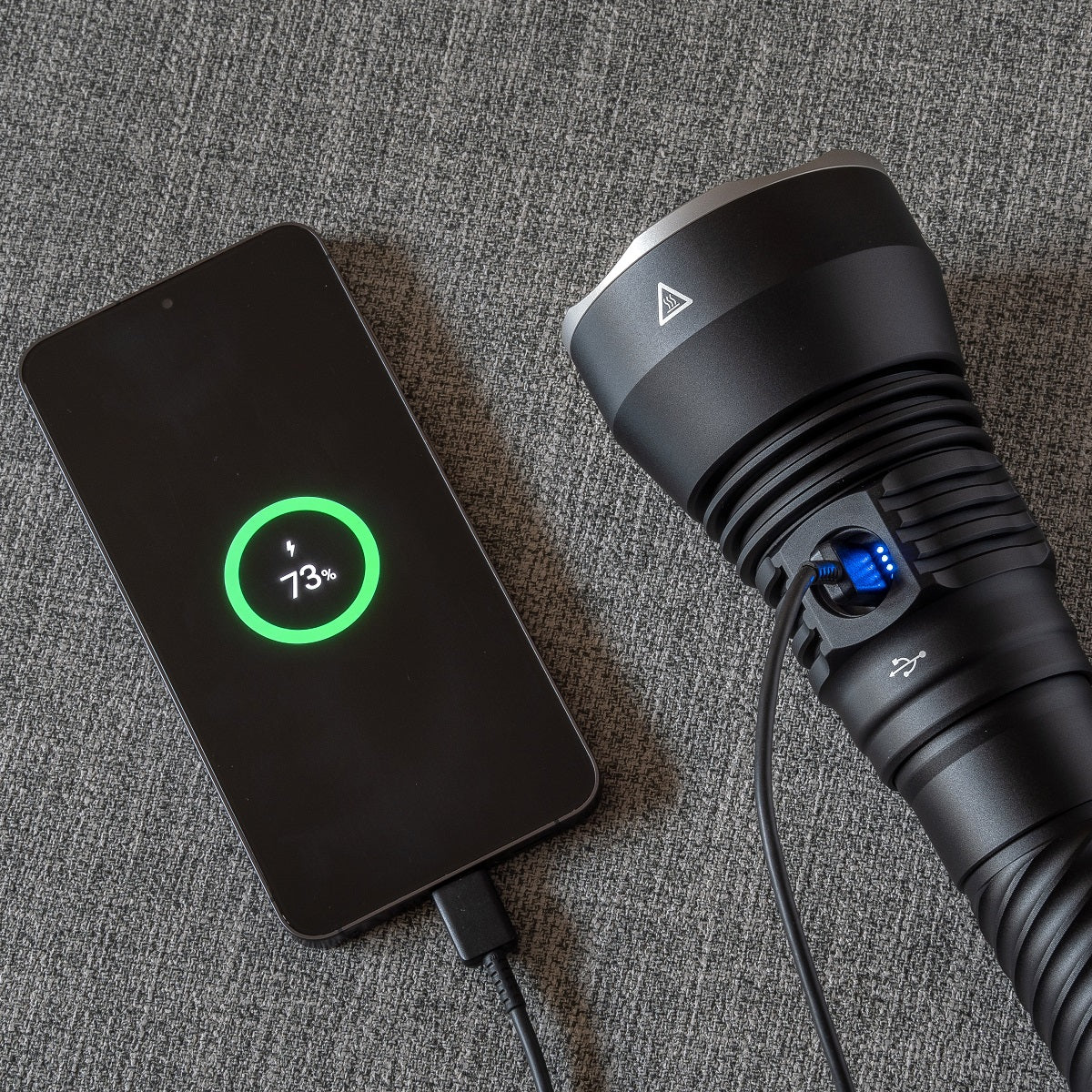 Weltool F6R USB-C charging port detail with blue charging status indicators