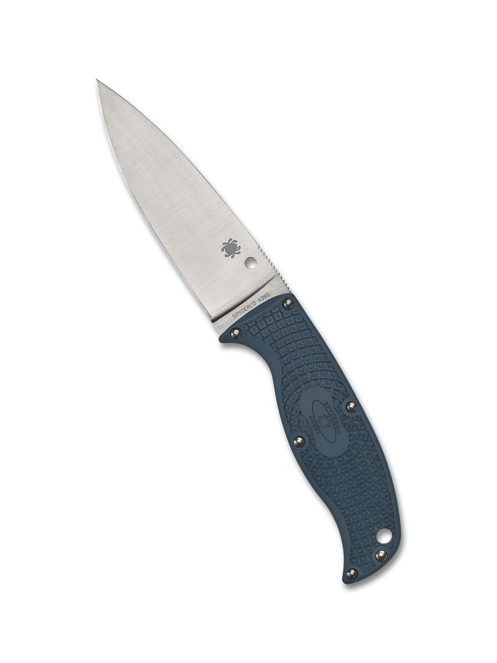 Spyderco Enuff 2 FB31PBL2K390 small fixed blade knife front view with 3.95in satin K390 leaf-shaped PlainEdge blade and blue FRN handle