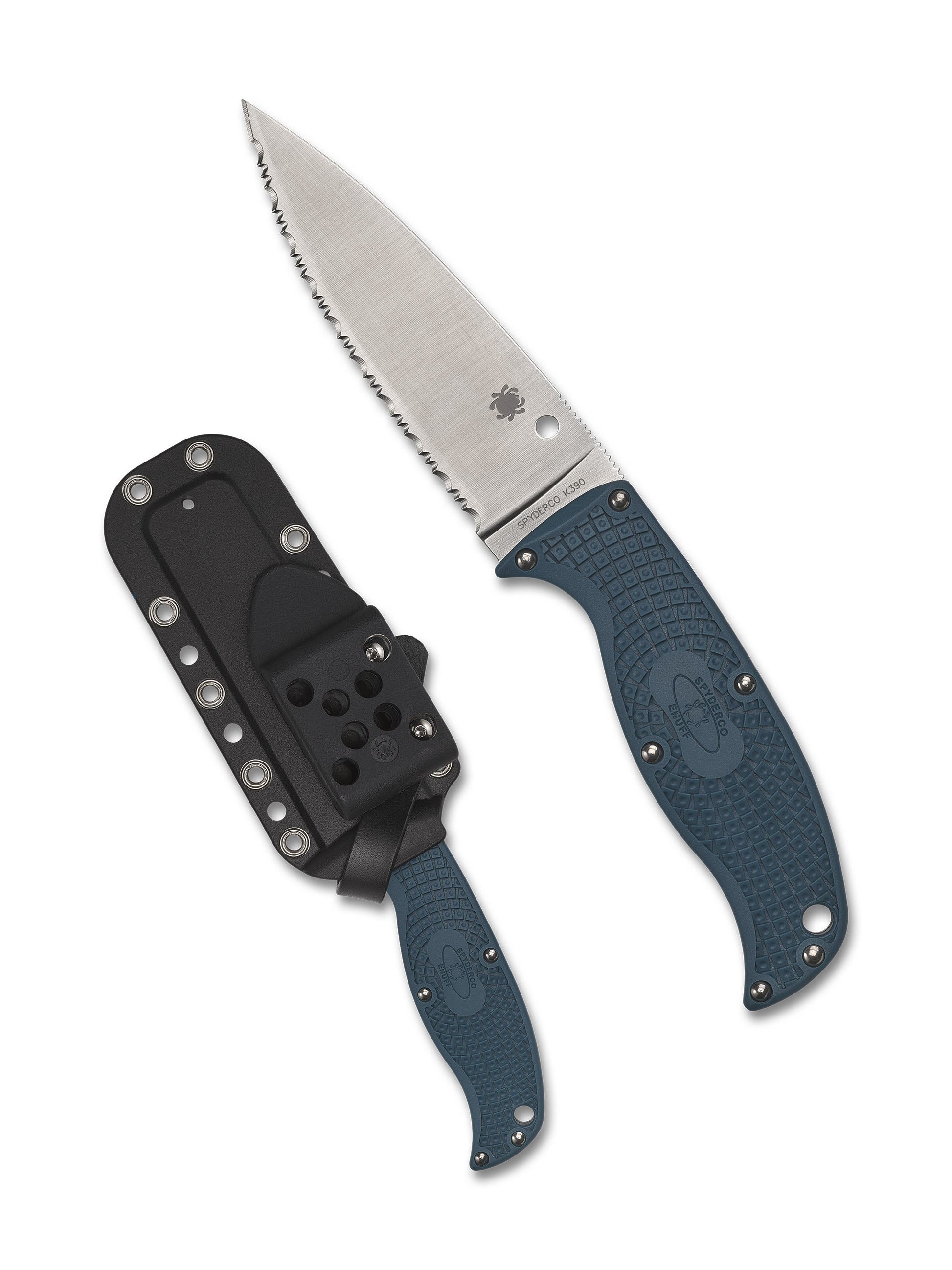 Spyderco Enuff 2 FB31SBL2K390 blade detail showing full-flat-ground K390 steel SpyderEdge serrations and skeletonized full tang