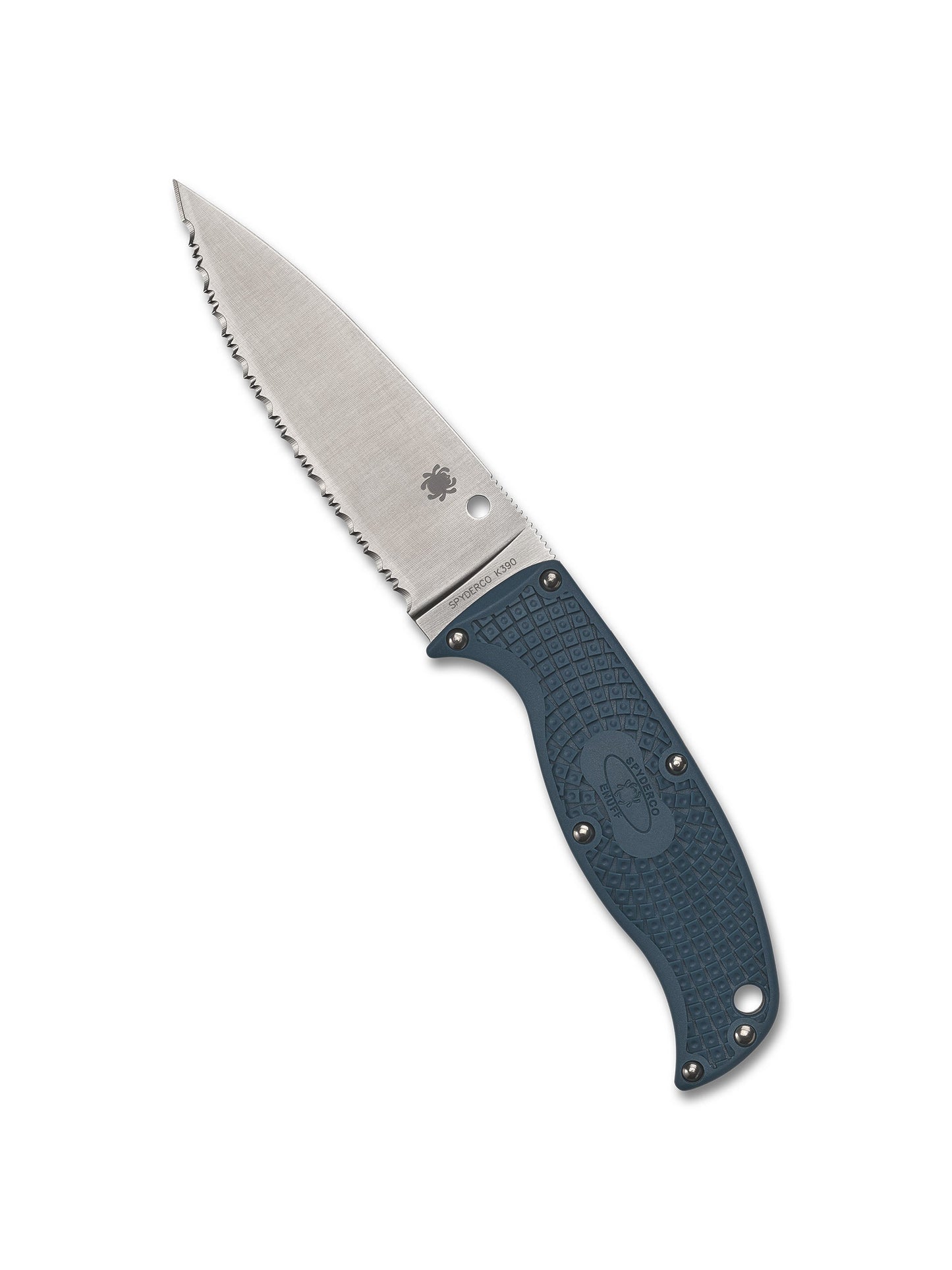 Spyderco Enuff 2 FB31SBL2K390 small fixed blade knife front view with 3.95in satin K390 leaf-shaped SpyderEdge serrated blade and blue FRN handle