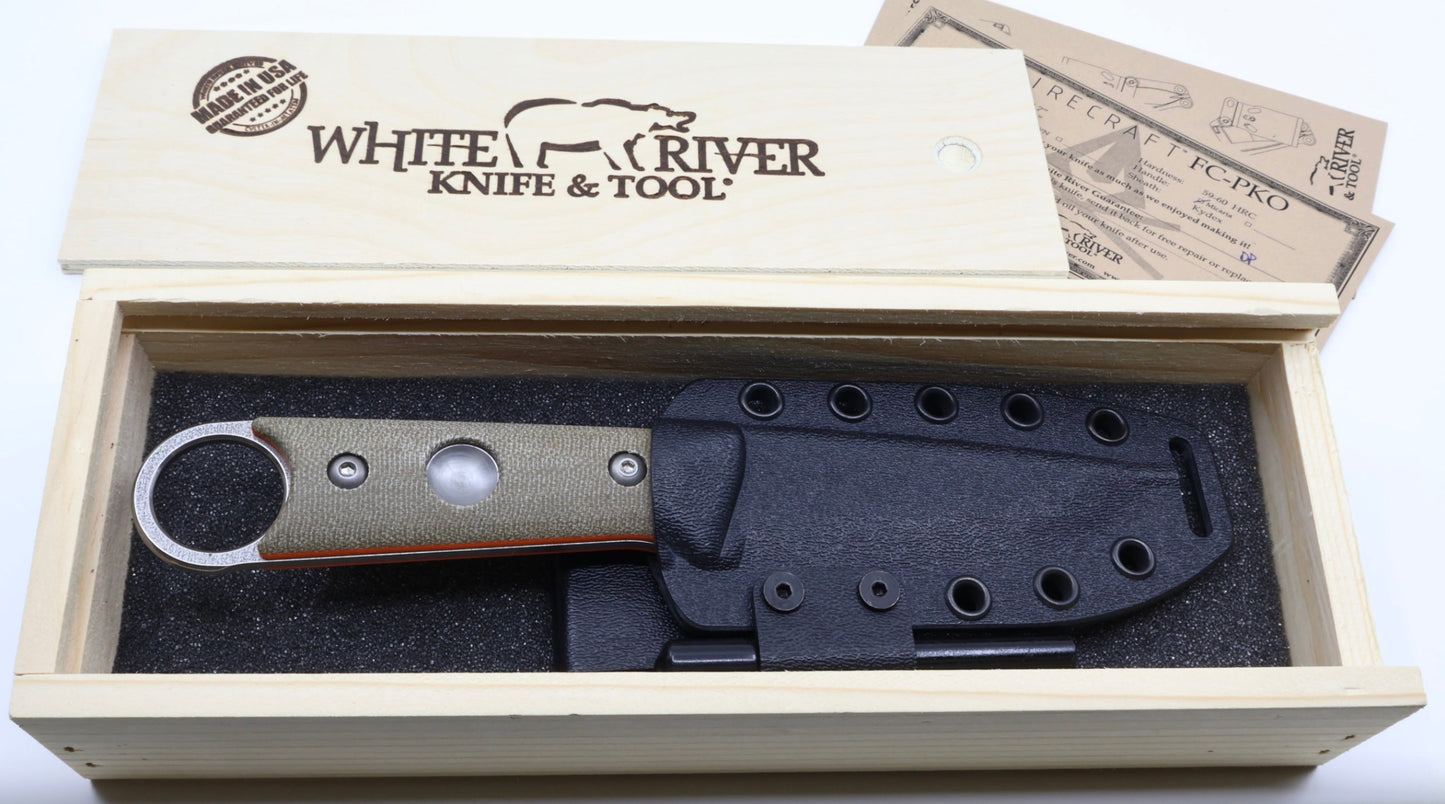White River FC-PKO Firecraft Puukko OD Green Micarta handle with orange liners
