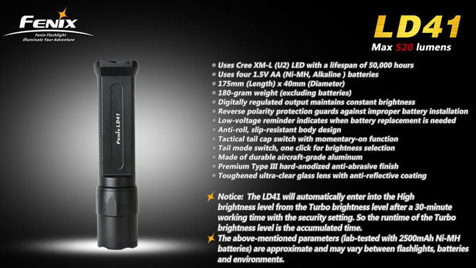 Fenix LD41 CREE XM-L U2 LED 4 x AA 520 Lumen Flashlight