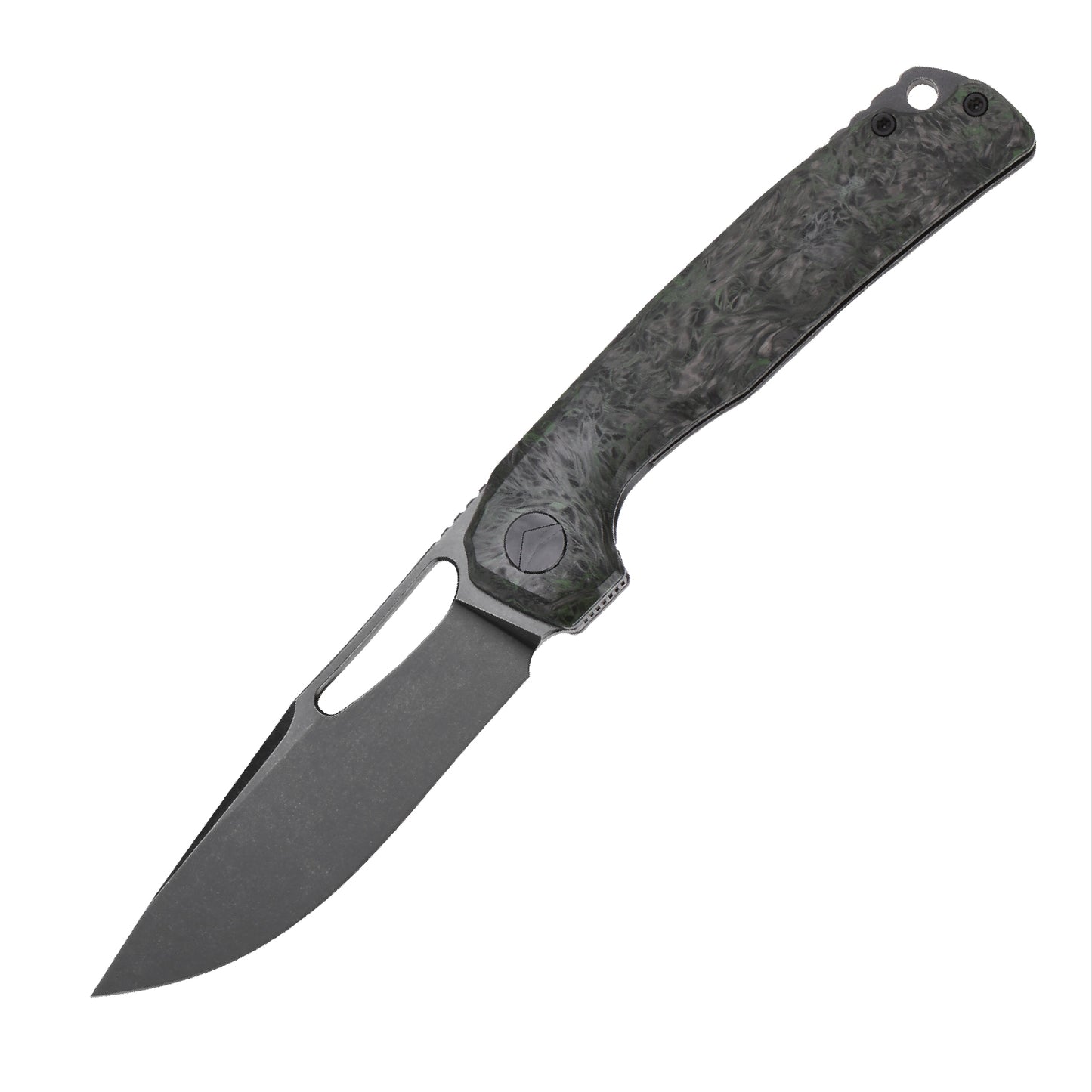 FerraMonster FERROX FM23006-C – 3.5" Black Stonewash M390 Blade, Dark Matter Green FatCarbon & Titanium Frame Lock Knife