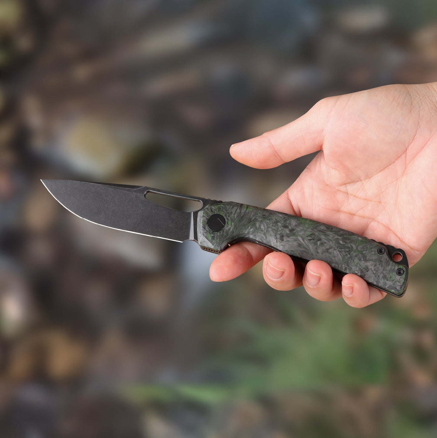 FerraMonster FERROX FM23006-C – 3.5" Black Stonewash M390 Blade, Dark Matter Green FatCarbon & Titanium Frame Lock Knife