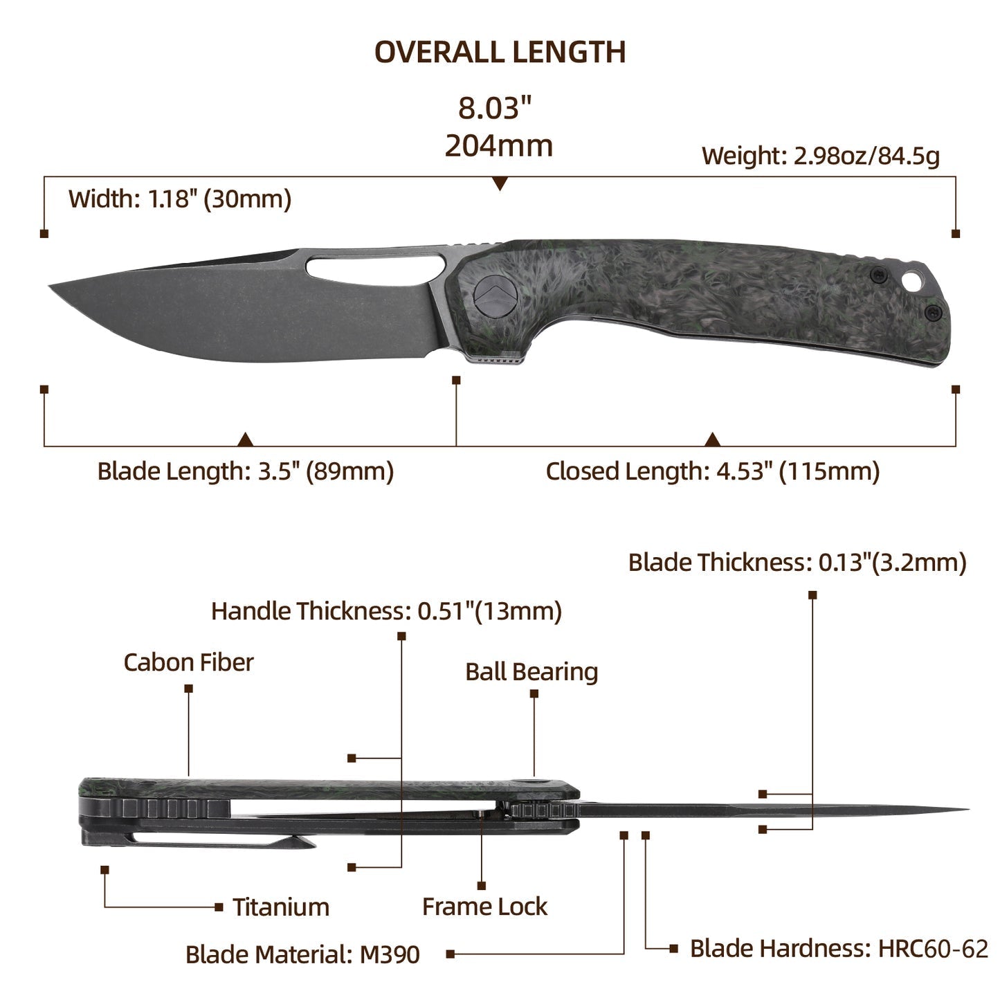 FerraMonster FERROX FM23006-C – 3.5" Black Stonewash M390 Blade, Dark Matter Green FatCarbon & Titanium Frame Lock Knife