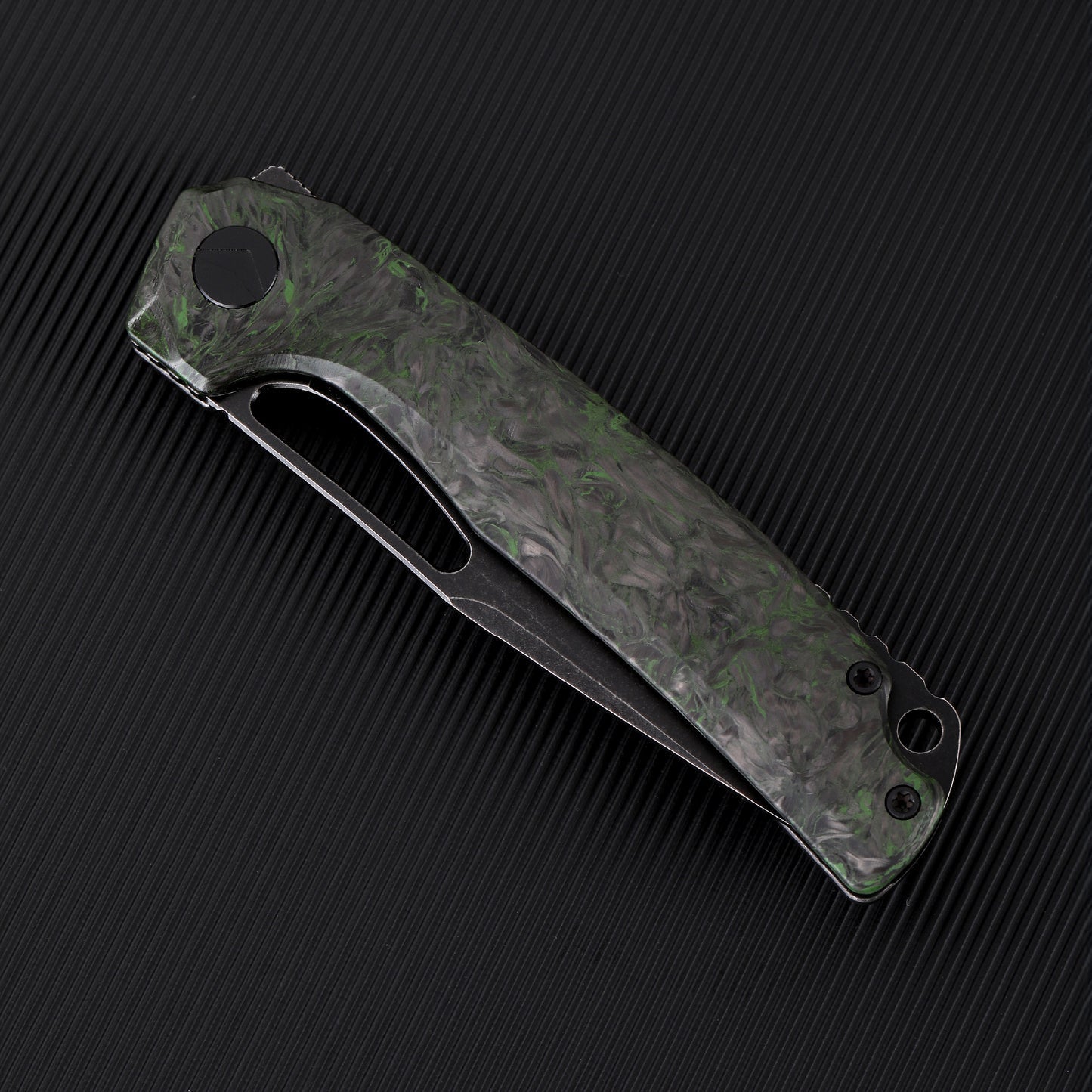 FerraMonster FERROX FM23006-C – 3.5" Black Stonewash M390 Blade, Dark Matter Green FatCarbon & Titanium Frame Lock Knife