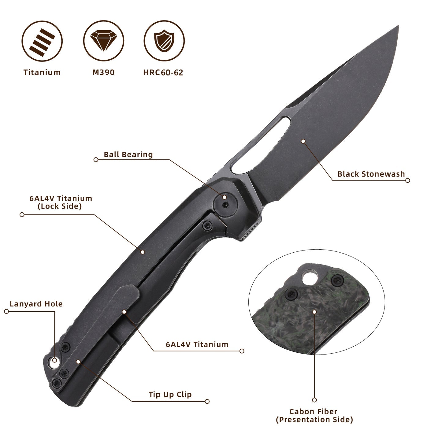 FerraMonster FERROX FM23006-C – 3.5" Black Stonewash M390 Blade, Dark Matter Green FatCarbon & Titanium Frame Lock Knife