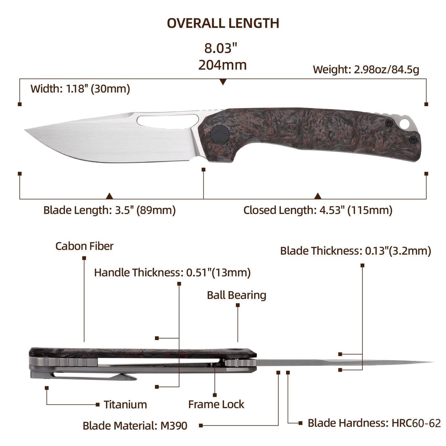 FerraMonster FERROX FM23006-D – 3.5" M390 Satin Blade, Dark Matter Copper FatCarbon & Titanium Frame Lock Knife