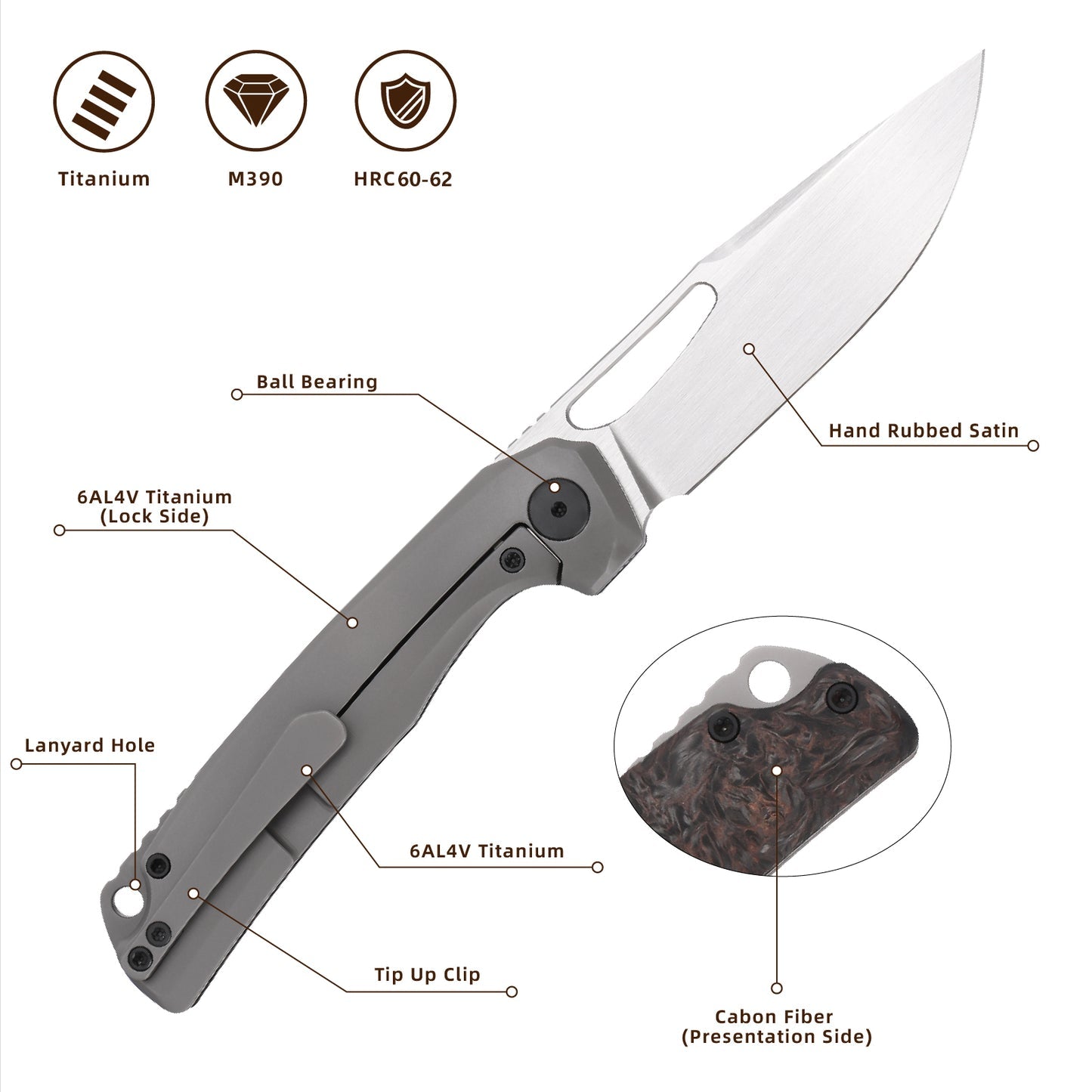 FerraMonster FERROX FM23006-D – 3.5" M390 Satin Blade, Dark Matter Copper FatCarbon & Titanium Frame Lock Knife