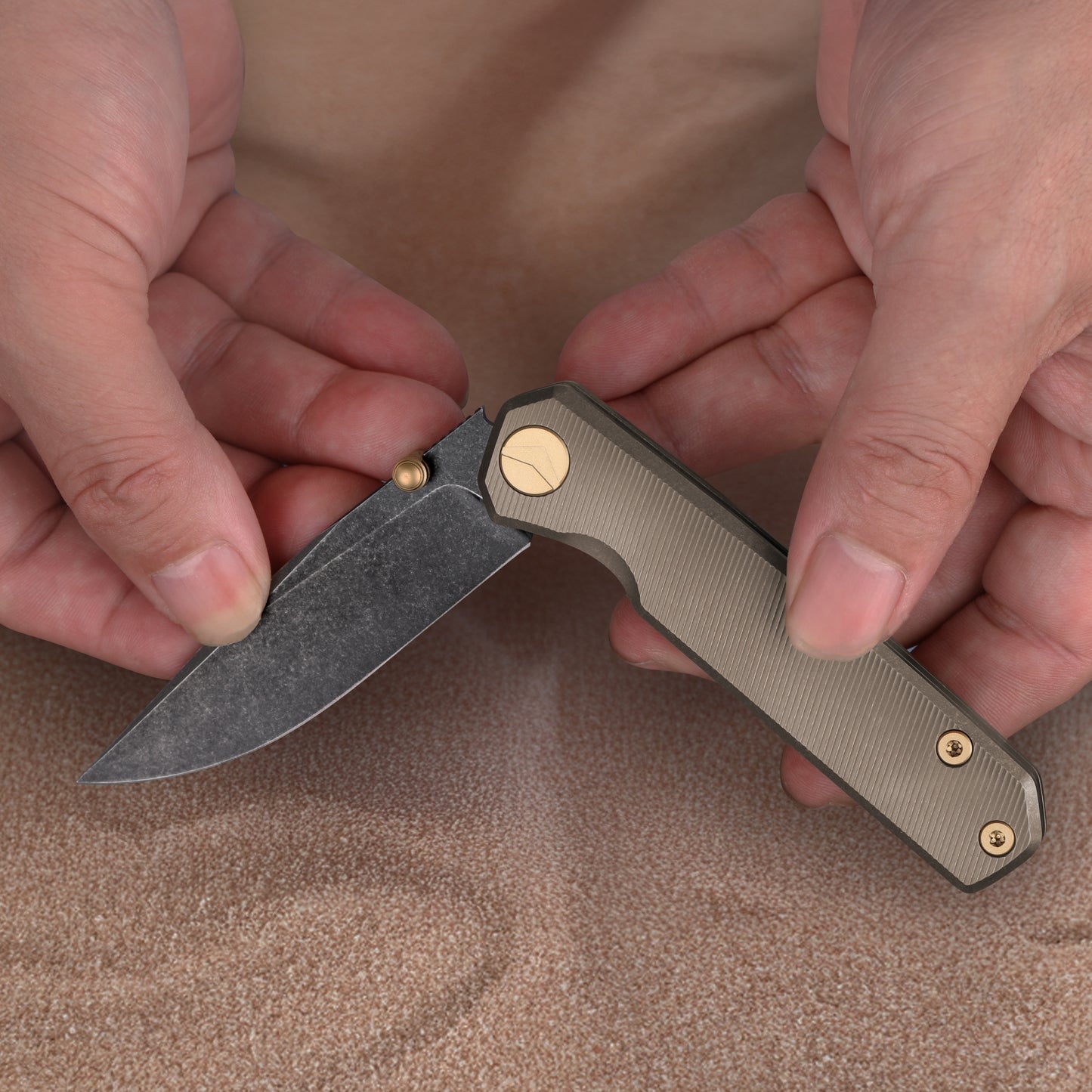 FerraMonster Kroma FM23008-C – 2.95" Black Stonewash Elmax Folding Knife, Bronze Stonewash Titanium Handle, Frame Lock Gentleman’s EDC