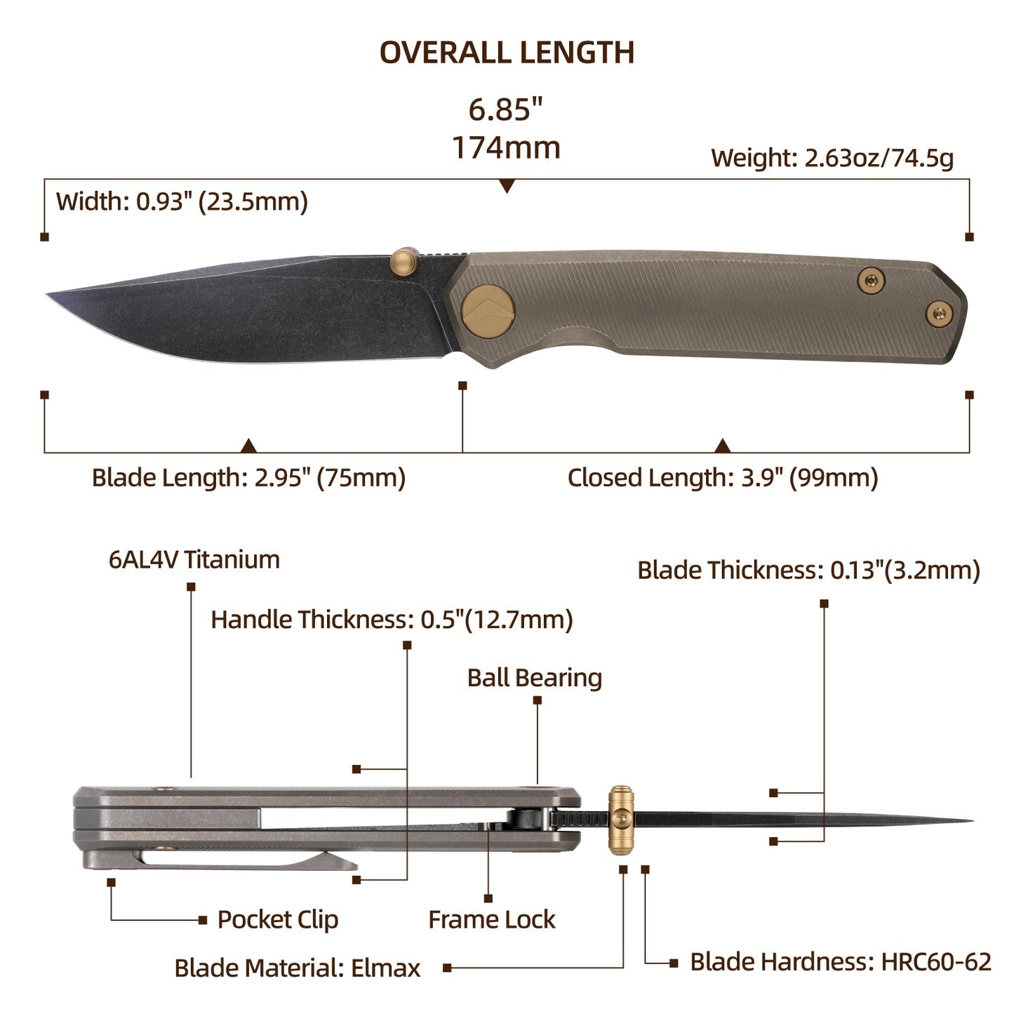 FerraMonster Kroma FM23008-C – 2.95" Black Stonewash Elmax Folding Knife, Bronze Stonewash Titanium Handle, Frame Lock Gentleman’s EDC