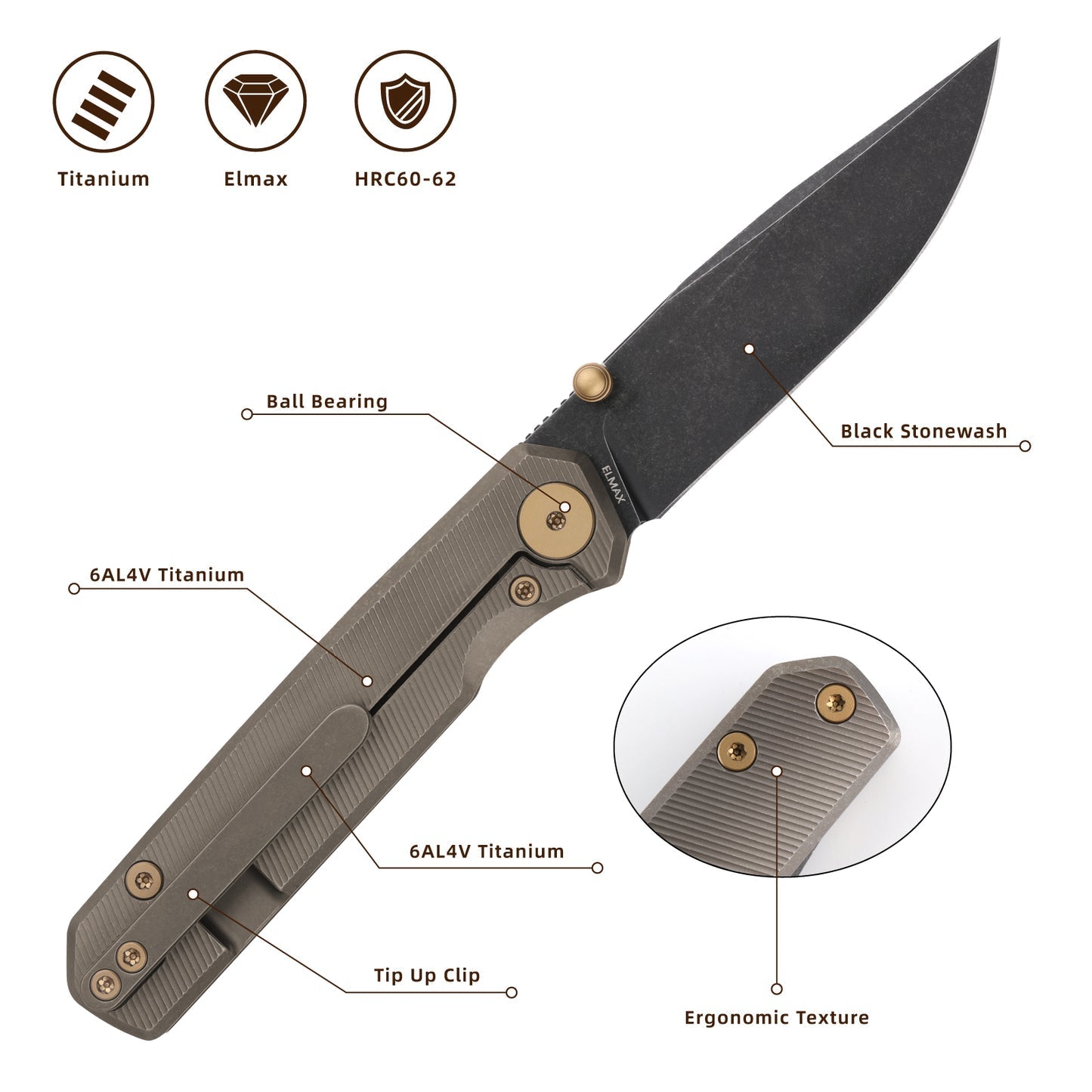 FerraMonster Kroma FM23008-C – 2.95" Black Stonewash Elmax Folding Knife, Bronze Stonewash Titanium Handle, Frame Lock Gentleman’s EDC