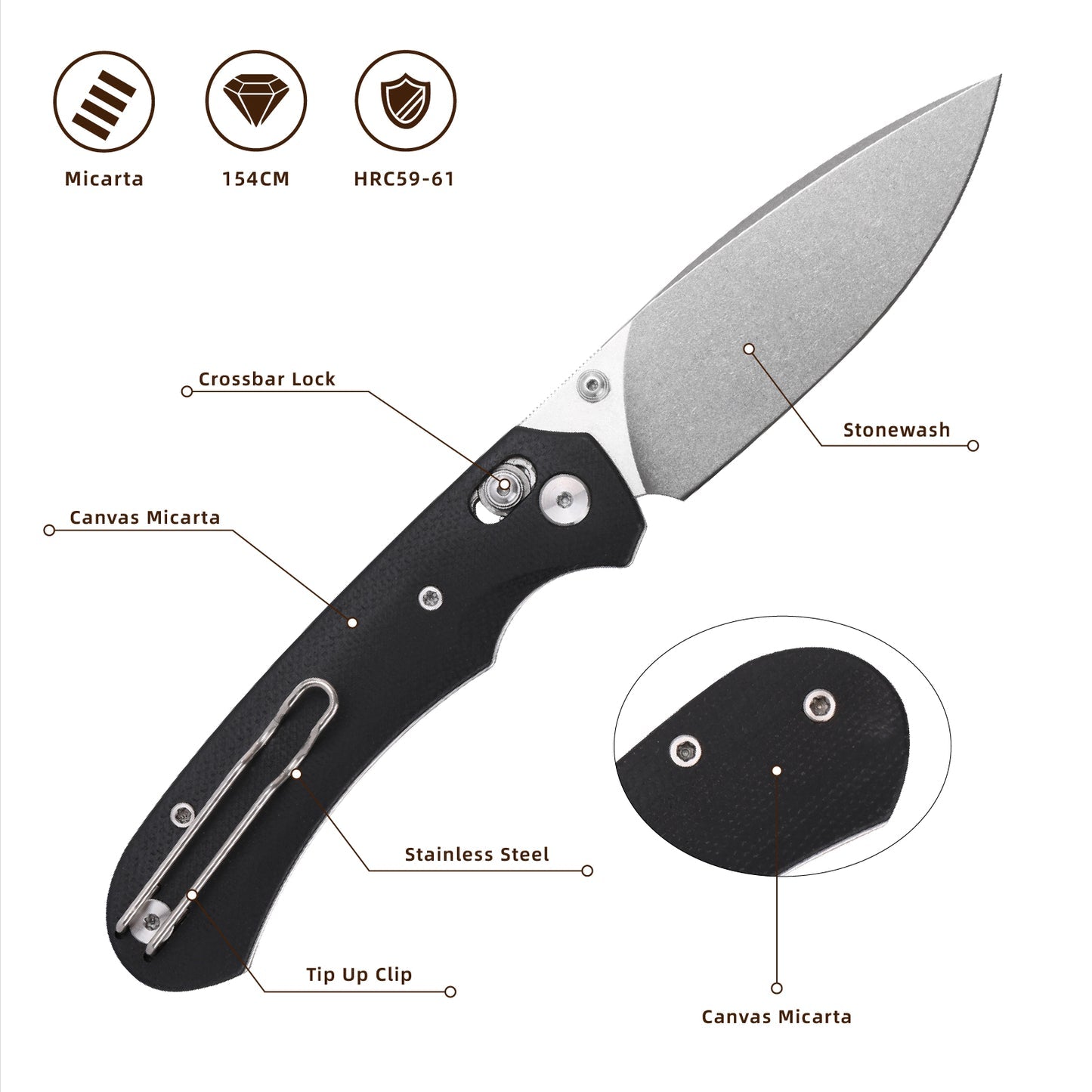 FerraMonster Spectrum CP FM23004CP-A – 3.31" Stonewashed 154CM Blade, Black Micarta Crossbar Lock EDC Knife