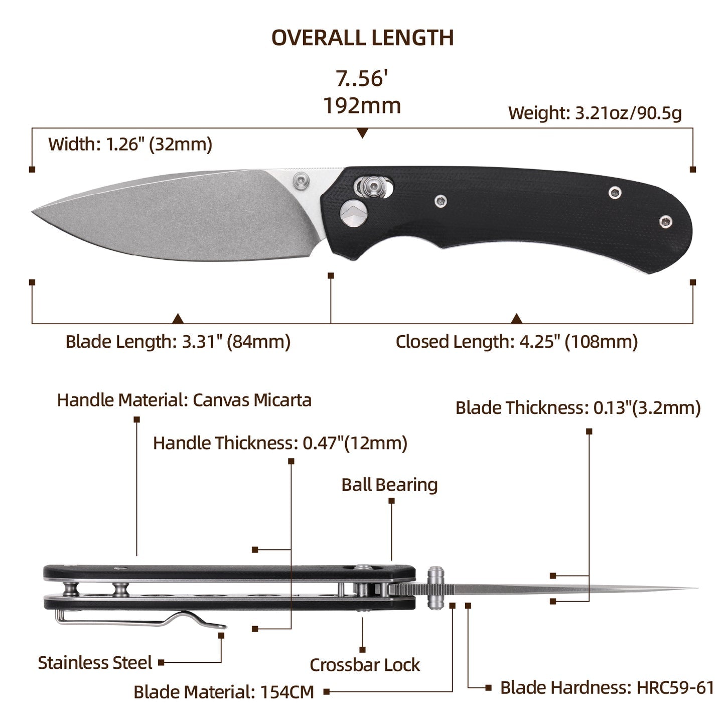 FerraMonster Spectrum CP FM23004CP-A – 3.31" Stonewashed 154CM Blade, Black Micarta Crossbar Lock EDC Knife