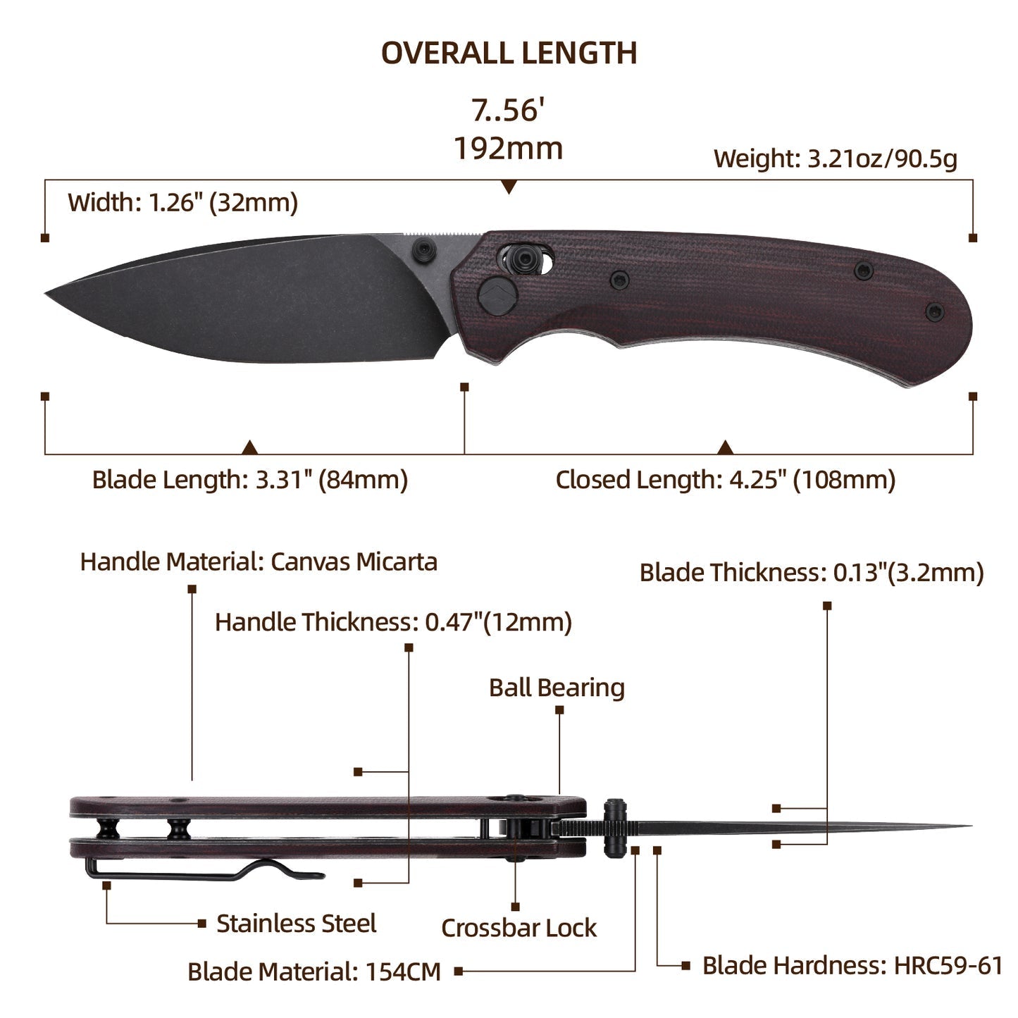 FerraMonster Spectrum CP FM23004CP-B – 3.31" Black Stonewash 154CM Blade, Red Micarta Crossbar Lock EDC Knife