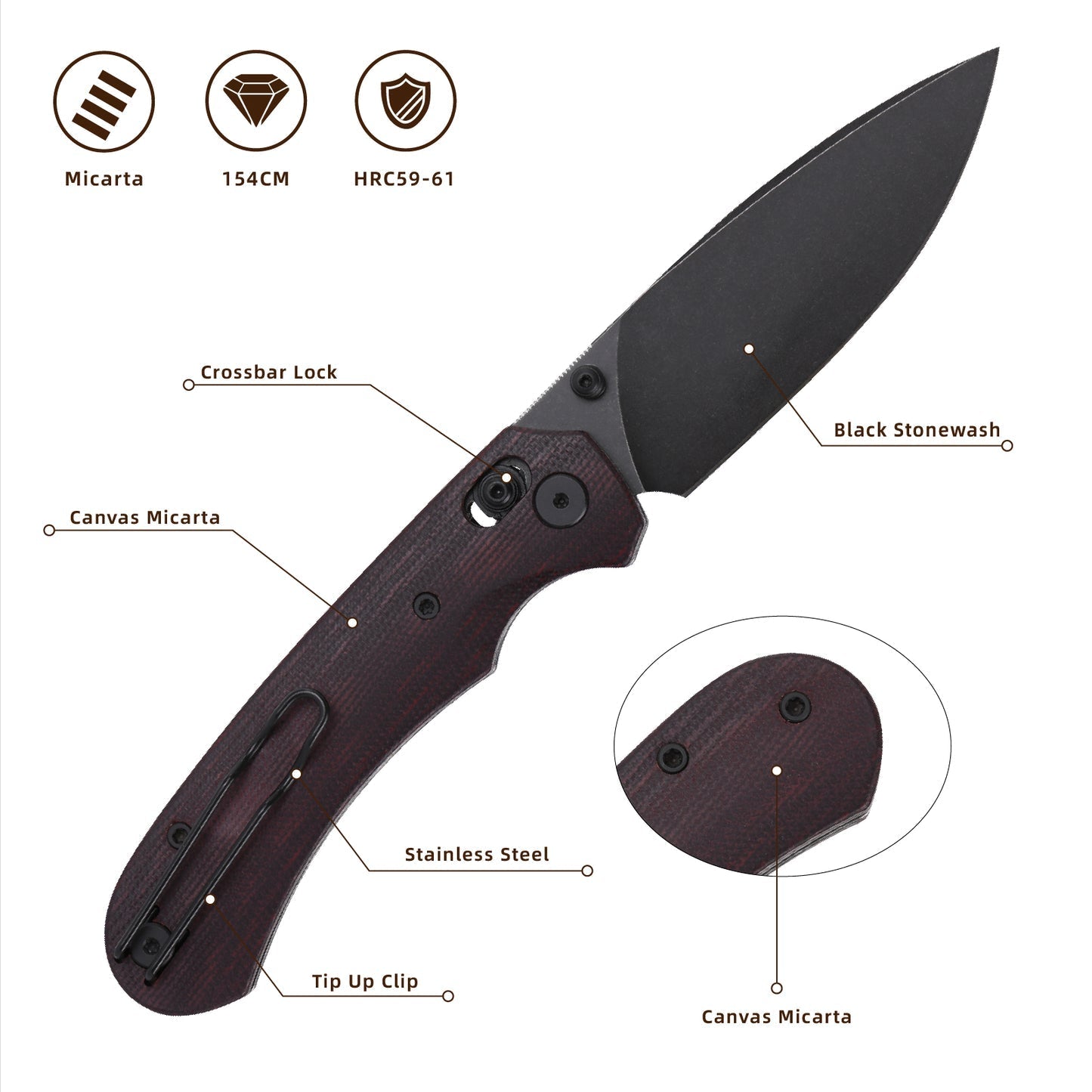 FerraMonster Spectrum CP FM23004CP-B – 3.31" Black Stonewash 154CM Blade, Red Micarta Crossbar Lock EDC Knife