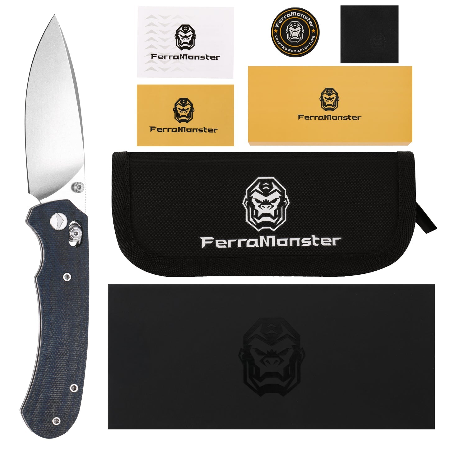 FerraMonster Spectrum CP FM23004CP-C – 3.31" Stonewashed 154CM Blade, Blue Micarta Crossbar Lock EDC Knife