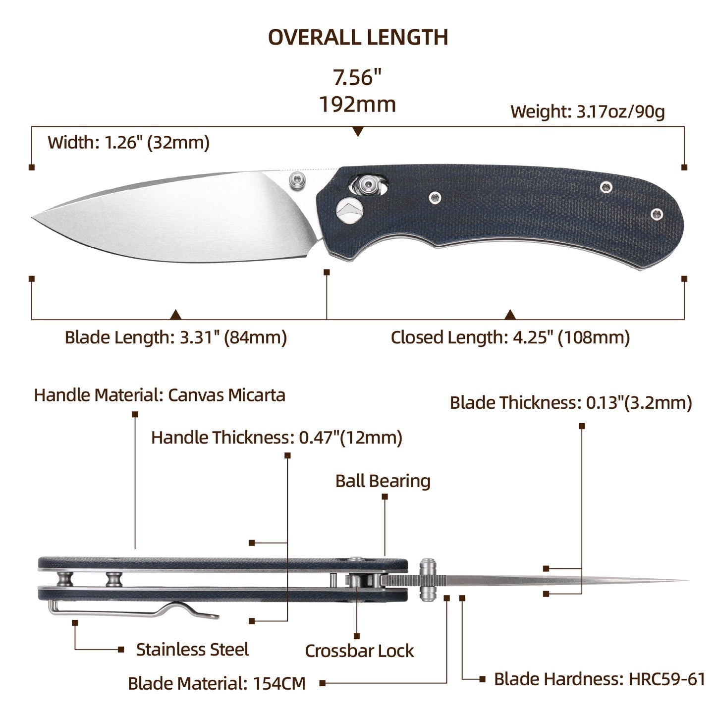 FerraMonster Spectrum CP FM23004CP-C – 3.31" Stonewashed 154CM Blade, Blue Micarta Crossbar Lock EDC Knife