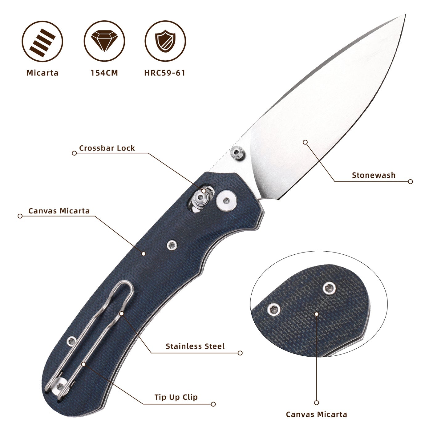 FerraMonster Spectrum CP FM23004CP-C – 3.31" Stonewashed 154CM Blade, Blue Micarta Crossbar Lock EDC Knife