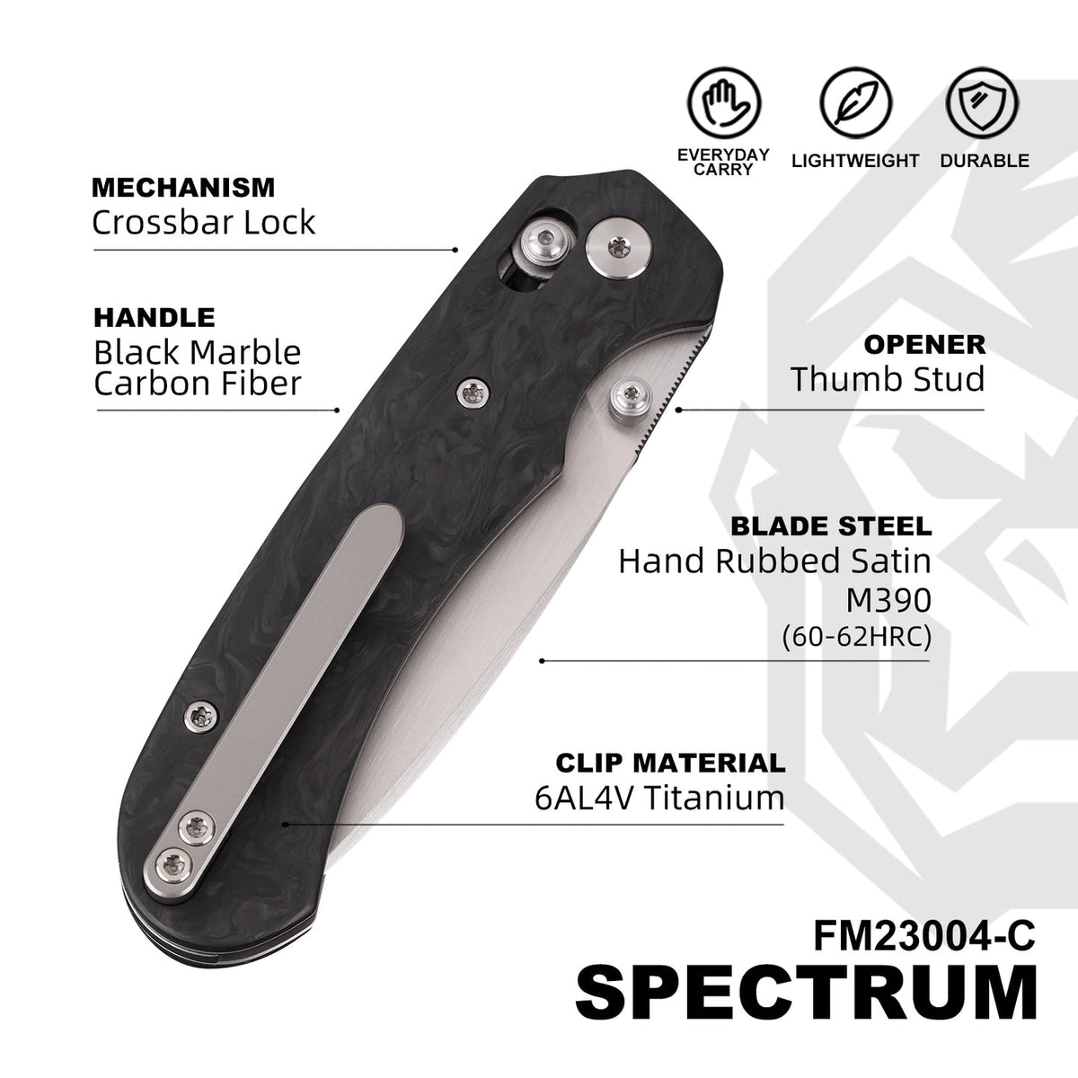 FerraMonster Spectrum FM23004-C closed view – black marble carbon fiber EDC folder
