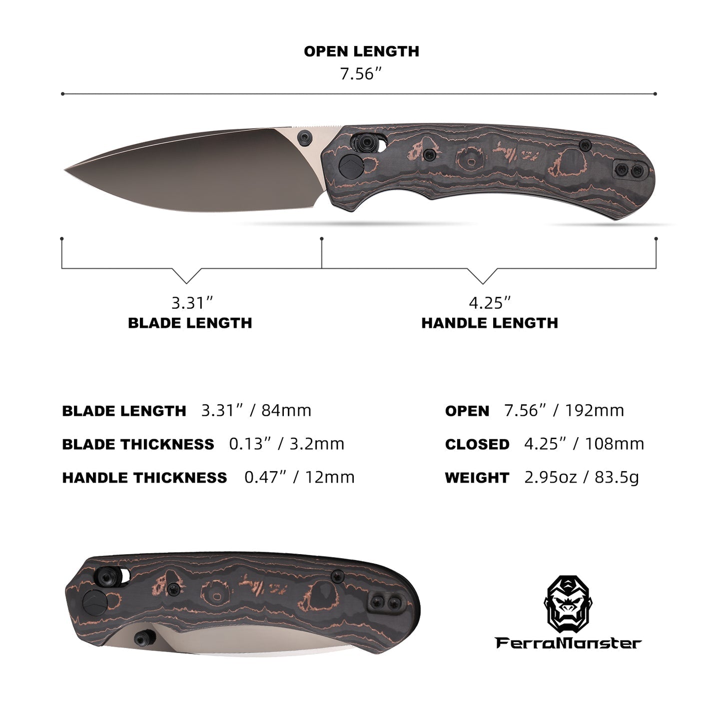 FerraMonster Spectrum FM23004-D – 3.31" Black DLC M390 Blade, Copper Foil Carbon Fiber Crossbar Lock Knife
