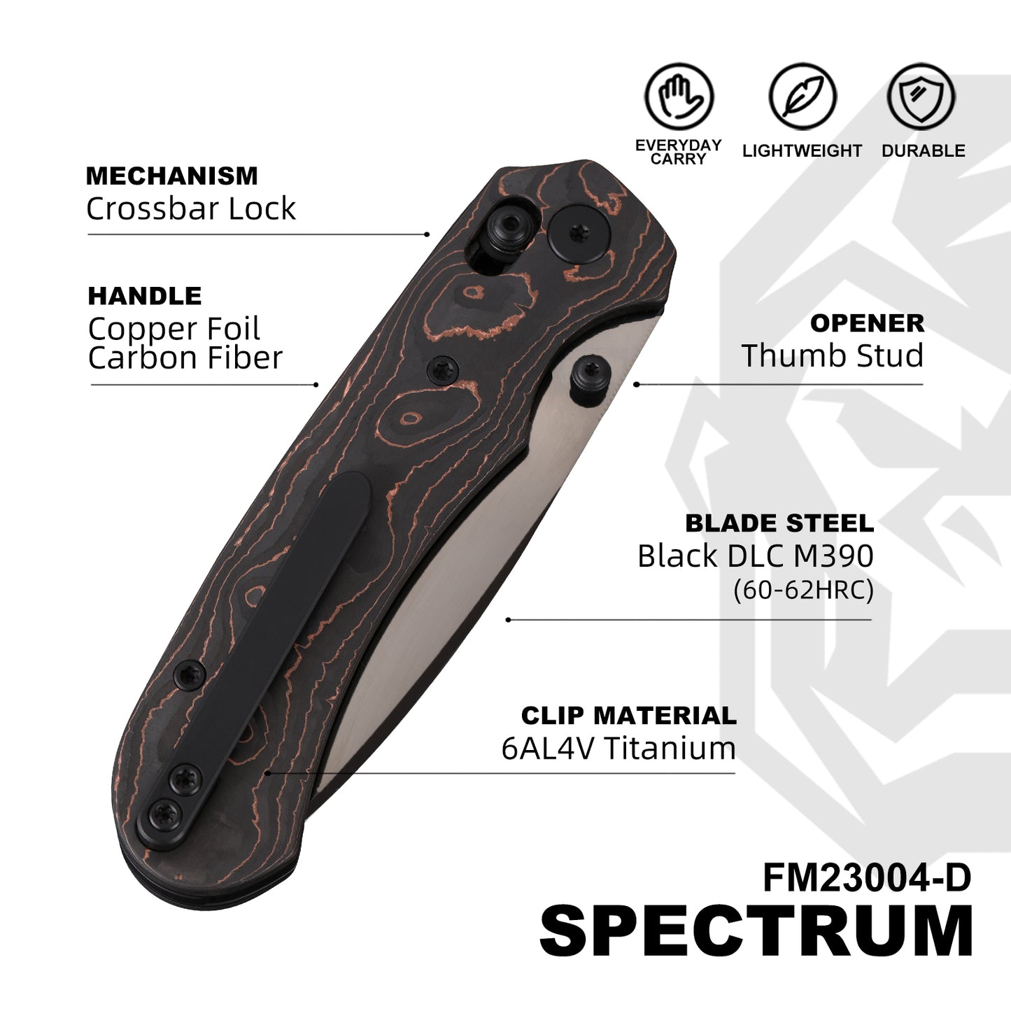 FerraMonster Spectrum FM23004-D – 3.31" Black DLC M390 Blade, Copper Foil Carbon Fiber Crossbar Lock Knife