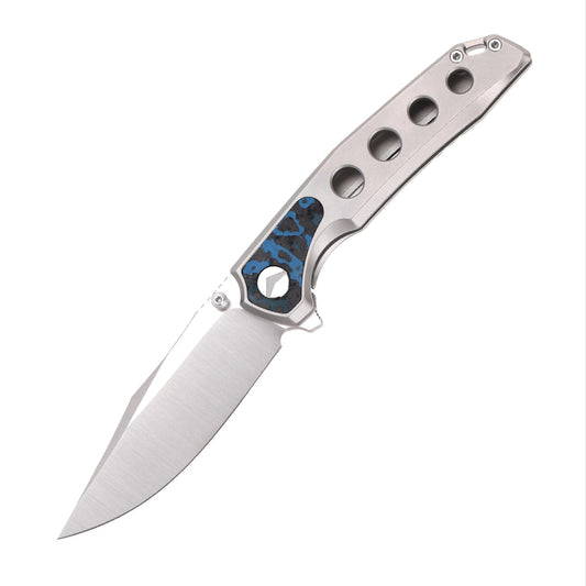 FerraMonster Valken FM23005-B – 3.46" M390 Belt Satin Clip Point Blade, Titanium Frame Lock with Arctic Storm FatCarbon Inlay