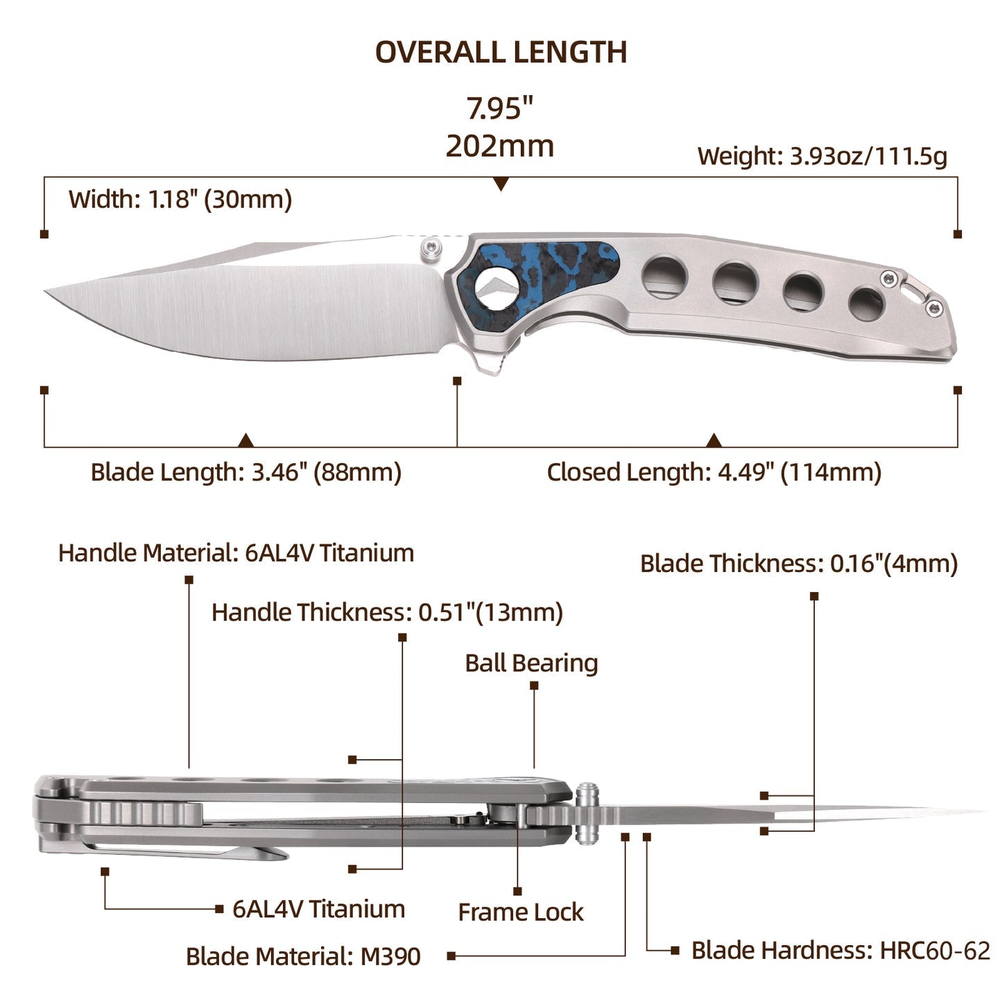 FerraMonster Valken FM23005-B – 3.46" M390 Belt Satin Clip Point Blade, Titanium Frame Lock with Arctic Storm FatCarbon Inlay