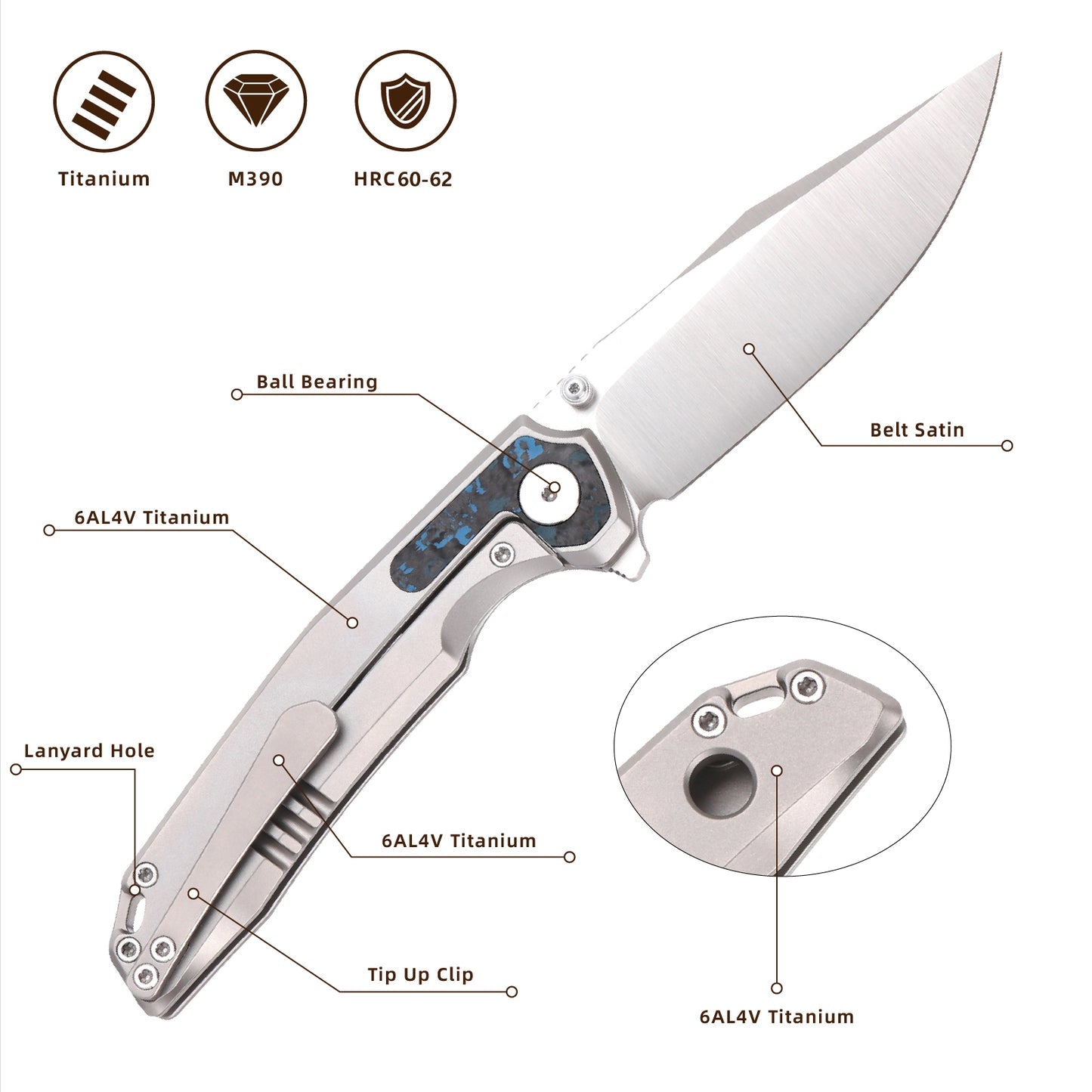 FerraMonster Valken FM23005-B – 3.46" M390 Belt Satin Clip Point Blade, Titanium Frame Lock with Arctic Storm FatCarbon Inlay