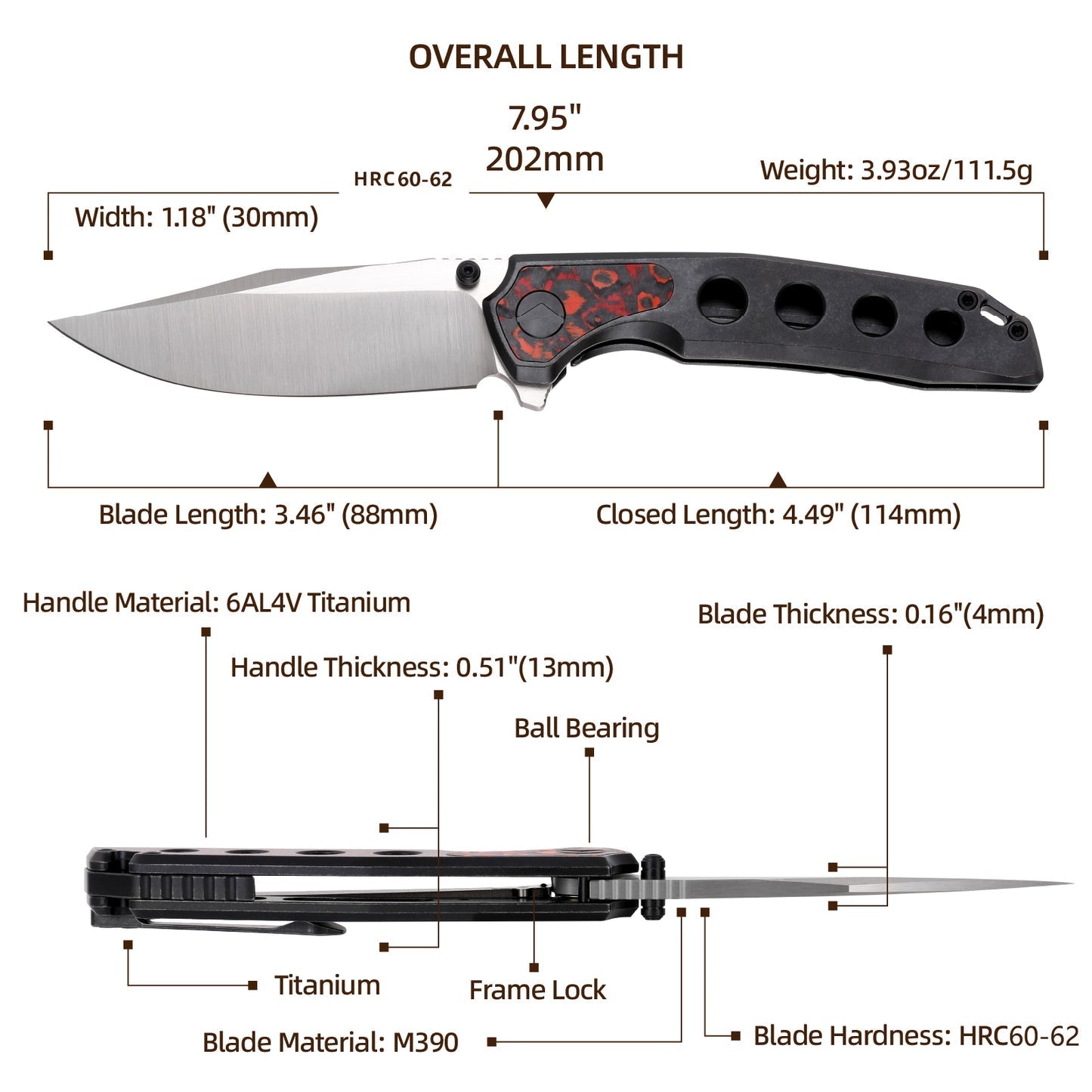 FerraMonster Valken FM23005-C – 3.46" M390 Belt Satin Clip Point Blade, Titanium Frame Lock with Mars FatCarbon Inlay