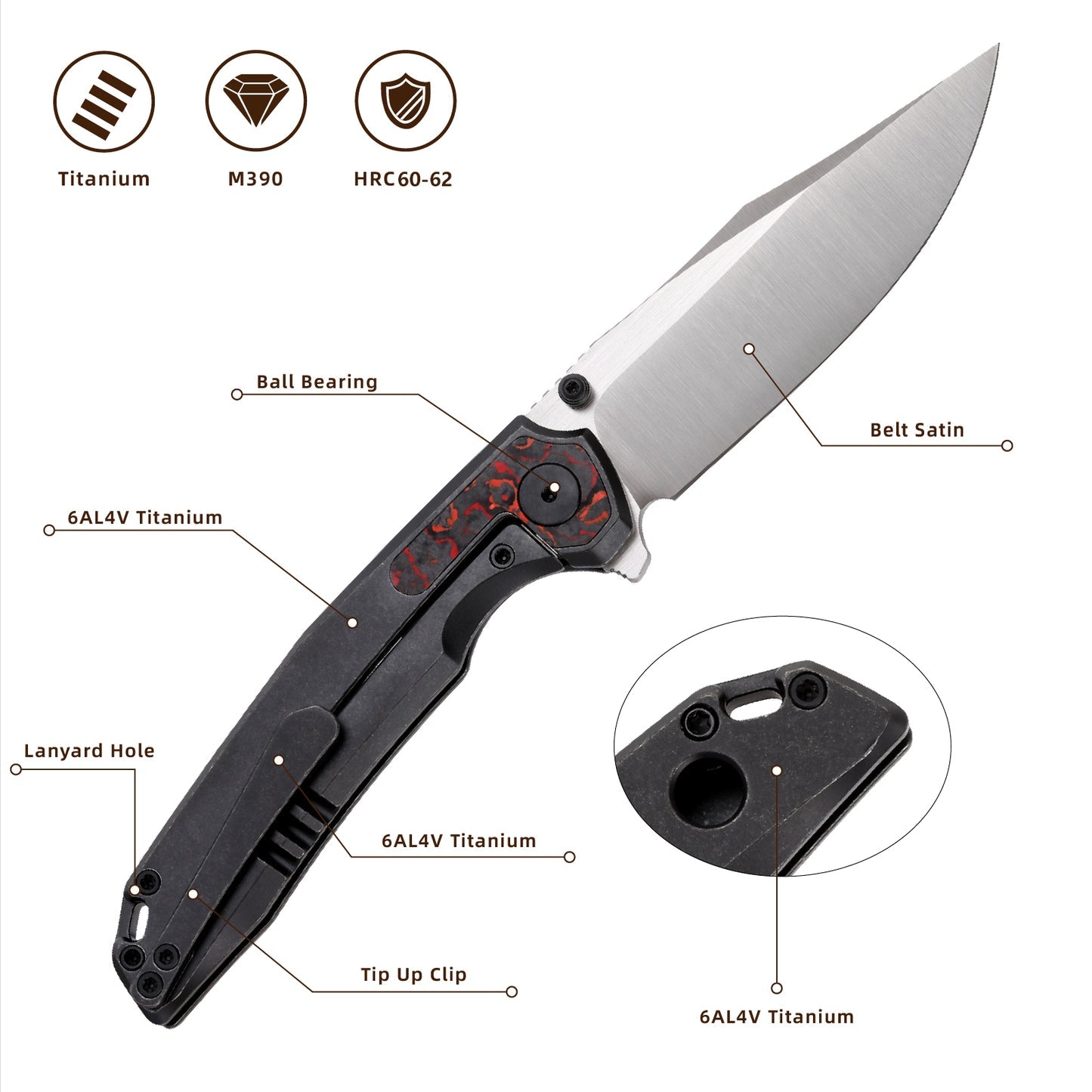 FerraMonster Valken FM23005-C – 3.46" M390 Belt Satin Clip Point Blade, Titanium Frame Lock with Mars FatCarbon Inlay