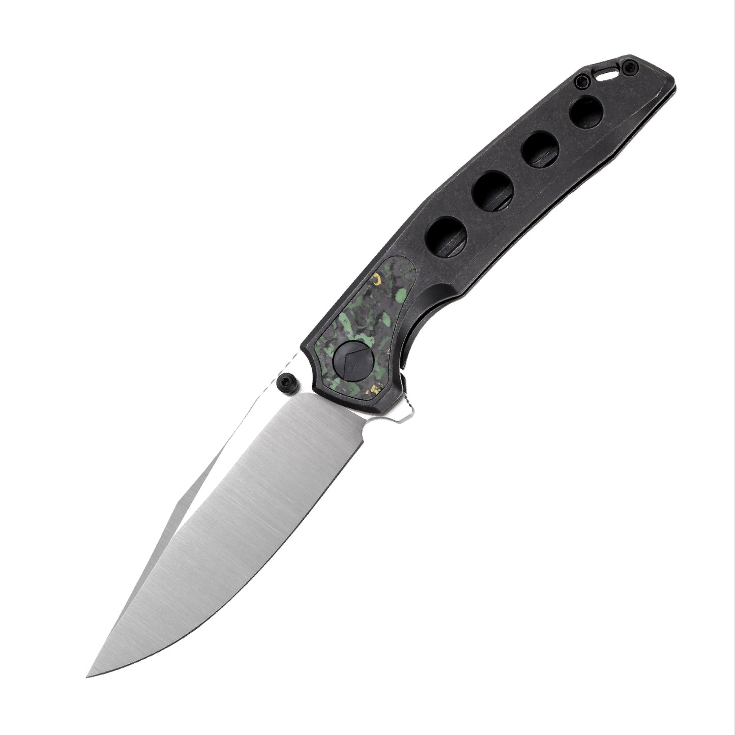 FerraMonster Valken FM23005-D front view – 3.46″ belt satin M390 clip point folding knife with titanium and Toxic Storm FatCarbon handle