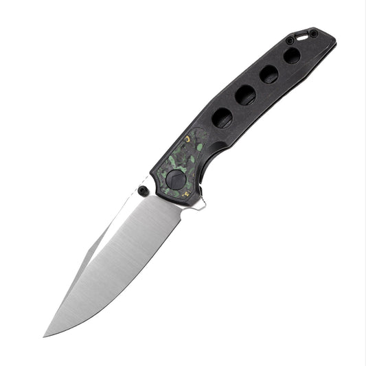 FerraMonster Valken FM23005-D front view – 3.46″ belt satin M390 clip point folding knife with titanium and Toxic Storm FatCarbon handle
