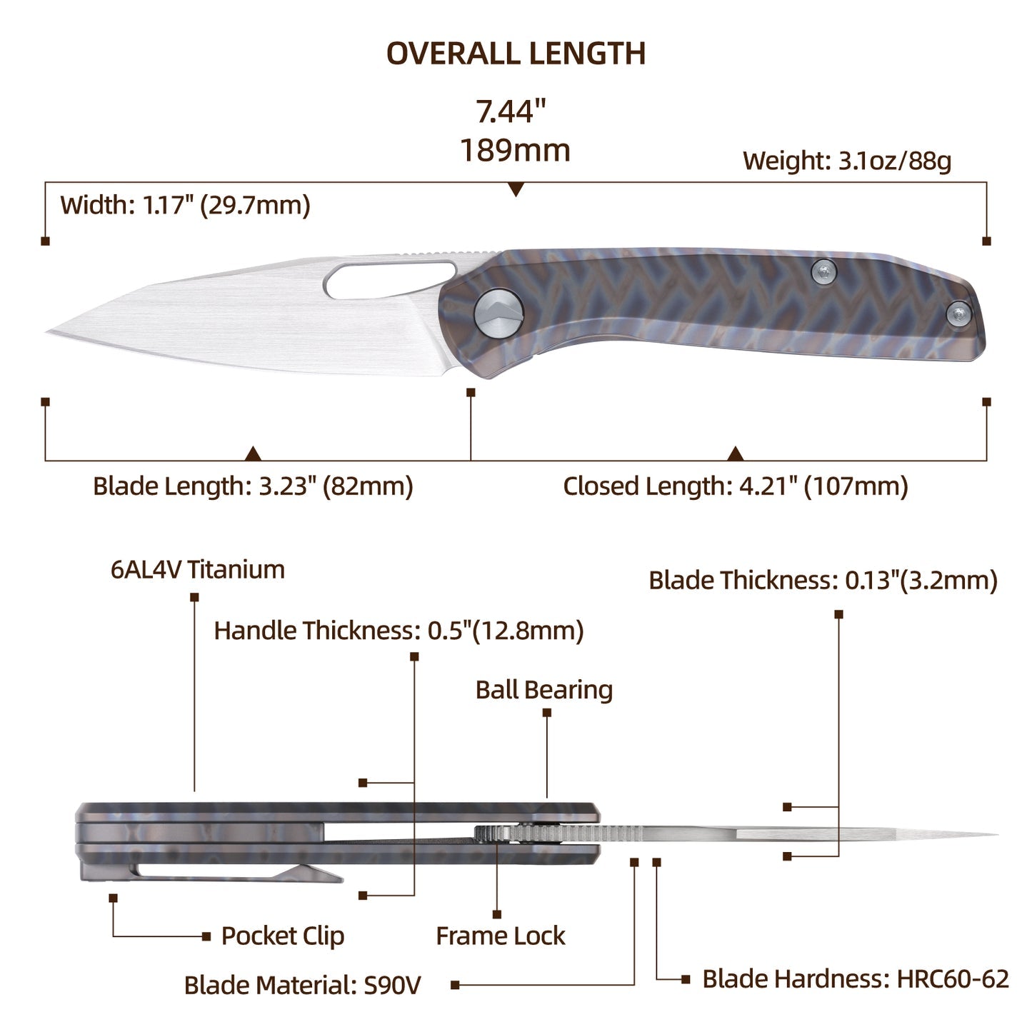 FerraMonster Xandros FM23007-C – 3.23" S90V Folding Knife, Tiger Stripe Flamed Titanium Handle, Frame Lock EDC
