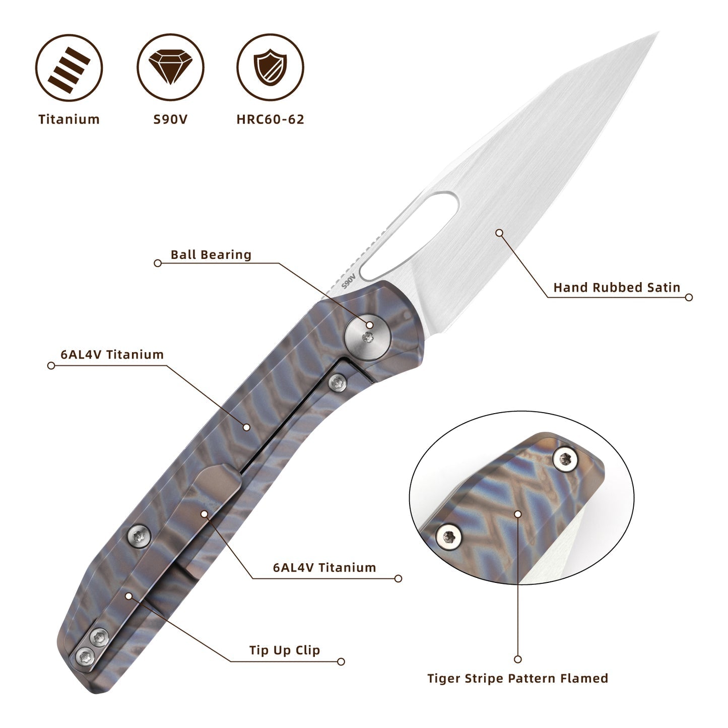 FerraMonster Xandros FM23007-C – 3.23" S90V Folding Knife, Tiger Stripe Flamed Titanium Handle, Frame Lock EDC