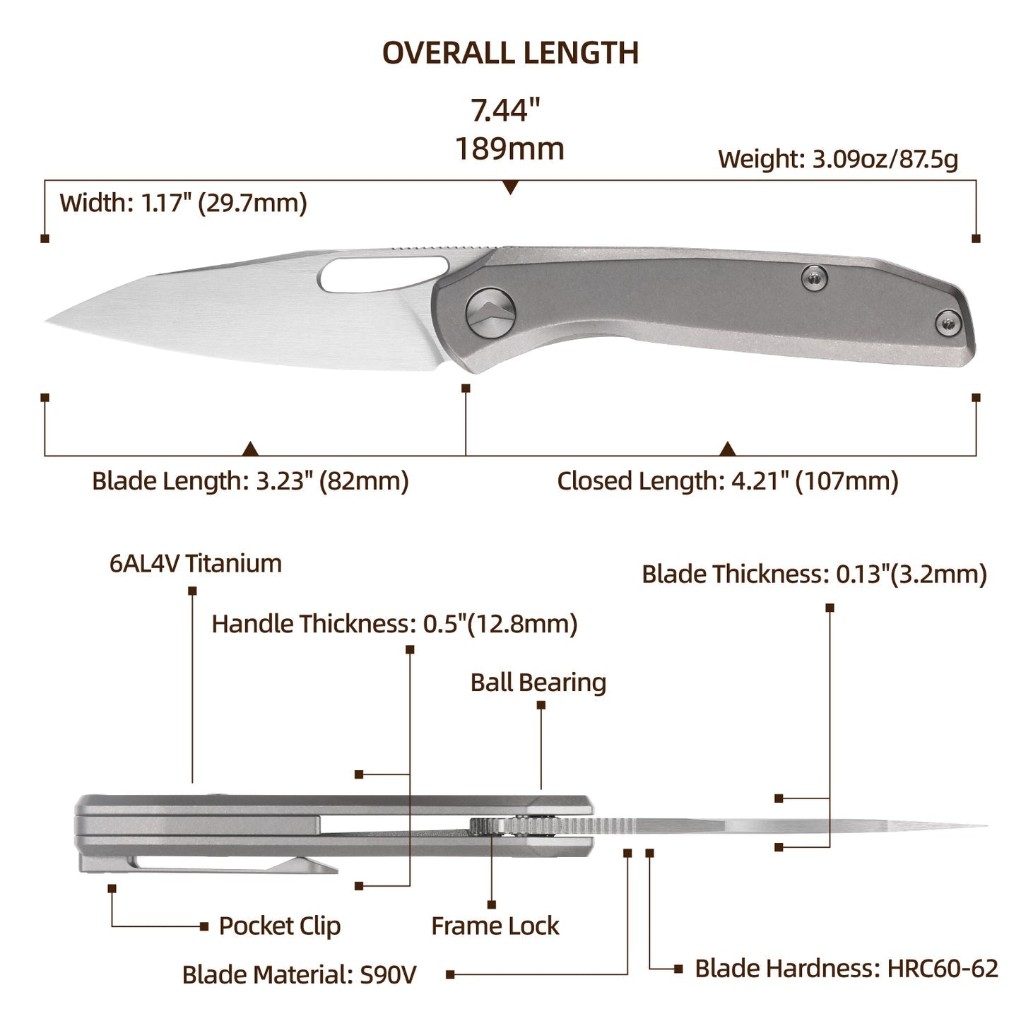 FerraMonster Xandros FM23007-A – 3.23" Hand Rubbed Satin S90V Folding Knife, Bead Blast Stonewash Titanium Handle, Frame Lock