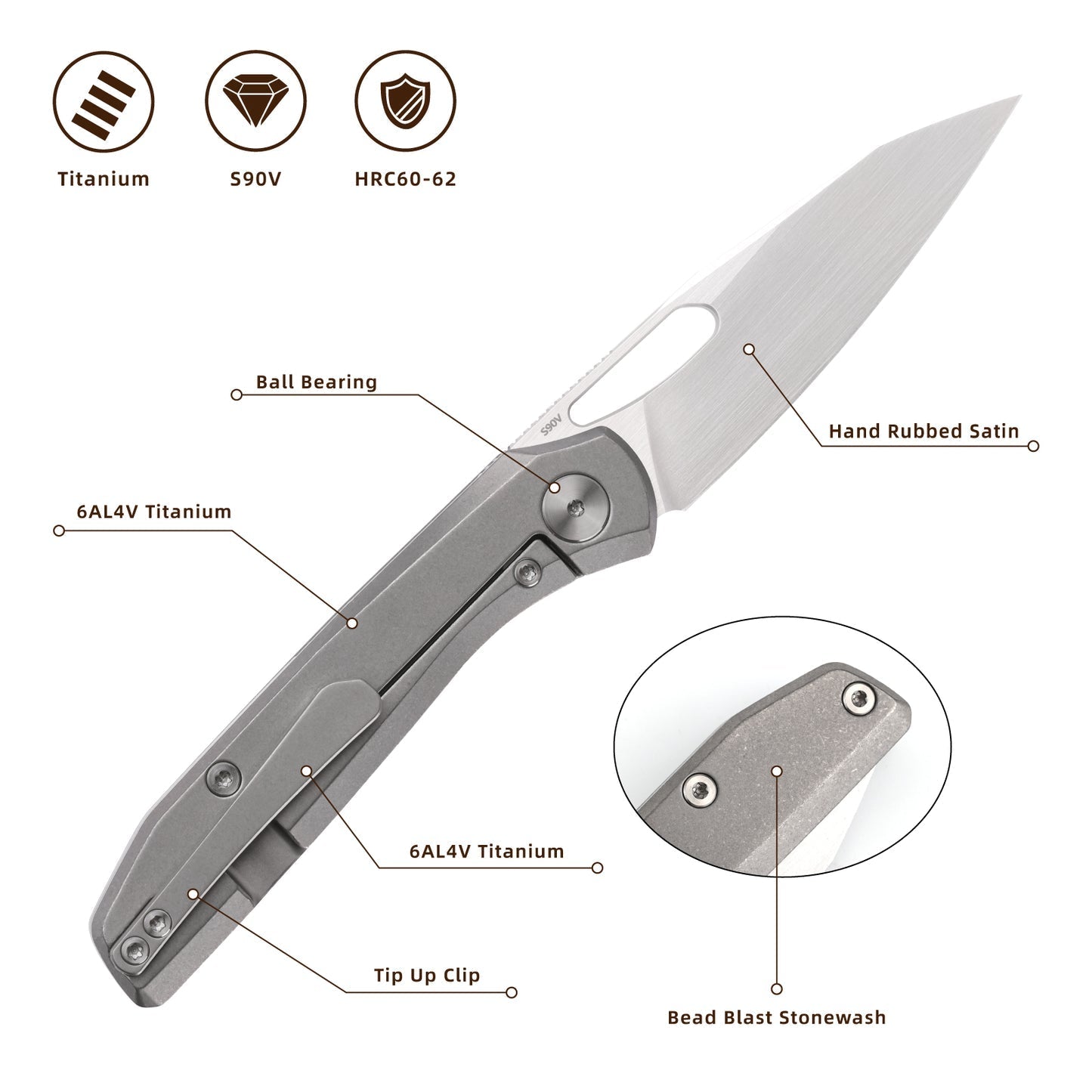 FerraMonster Xandros FM23007-A – 3.23" Hand Rubbed Satin S90V Folding Knife, Bead Blast Stonewash Titanium Handle, Frame Lock
