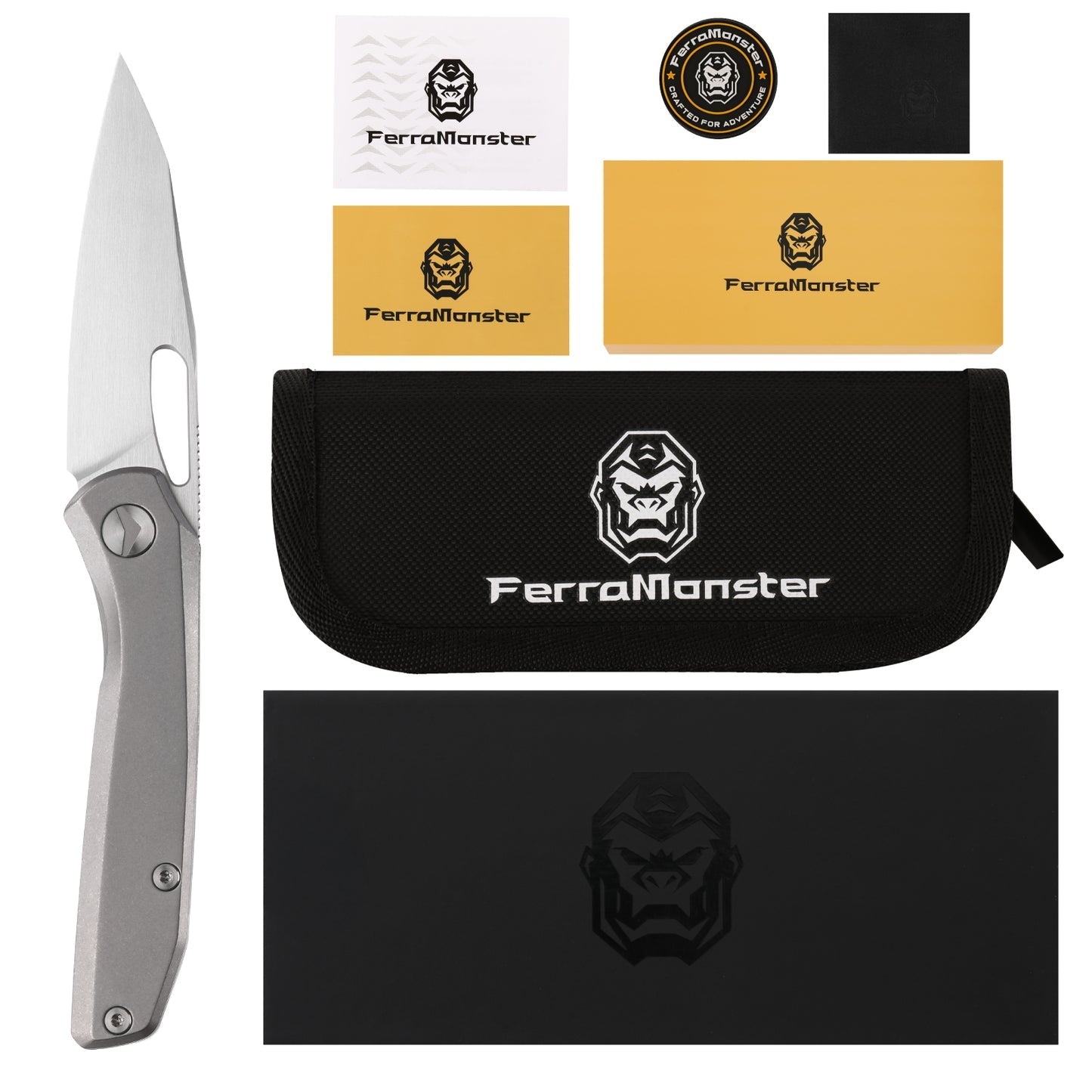 FerraMonster Xandros FM23007-A – 3.23" Hand Rubbed Satin S90V Folding Knife, Bead Blast Stonewash Titanium Handle, Frame Lock