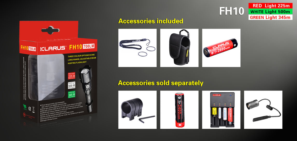 Klarus FH10 1x 18650 / 2x CR123A 700 Lumens CREE XP-L HI V3 LED Flashlight