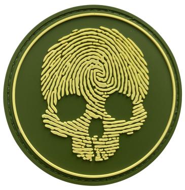 Fingerprint Skull Morale Patch FPS-OG front view – 3.35″ round olive green 3D PVC fingerprint skull patch