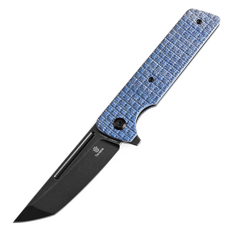 Tenable Anomaly T2038T3 – 3.14" Blackwash Nitro-V Tanto Blade, Blue Micarta Handle with Frag Pattern and Liner Lock