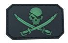 Pirate Skull & Swords Glow Morale Patch G-SJFG front view – 1.97″ x 1.18″ glow-in-the-dark skull and cutlasses 3D PVC patch