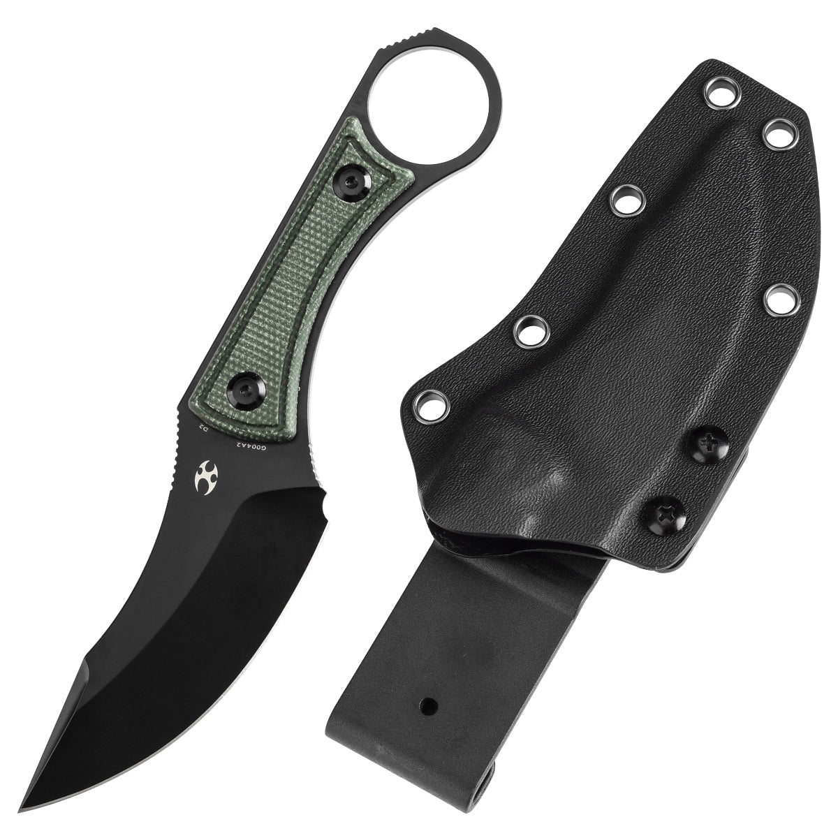 Kansept Niko G004A2 front view - 3.54" Black TiCn coated D2 clip point fixed blade knife