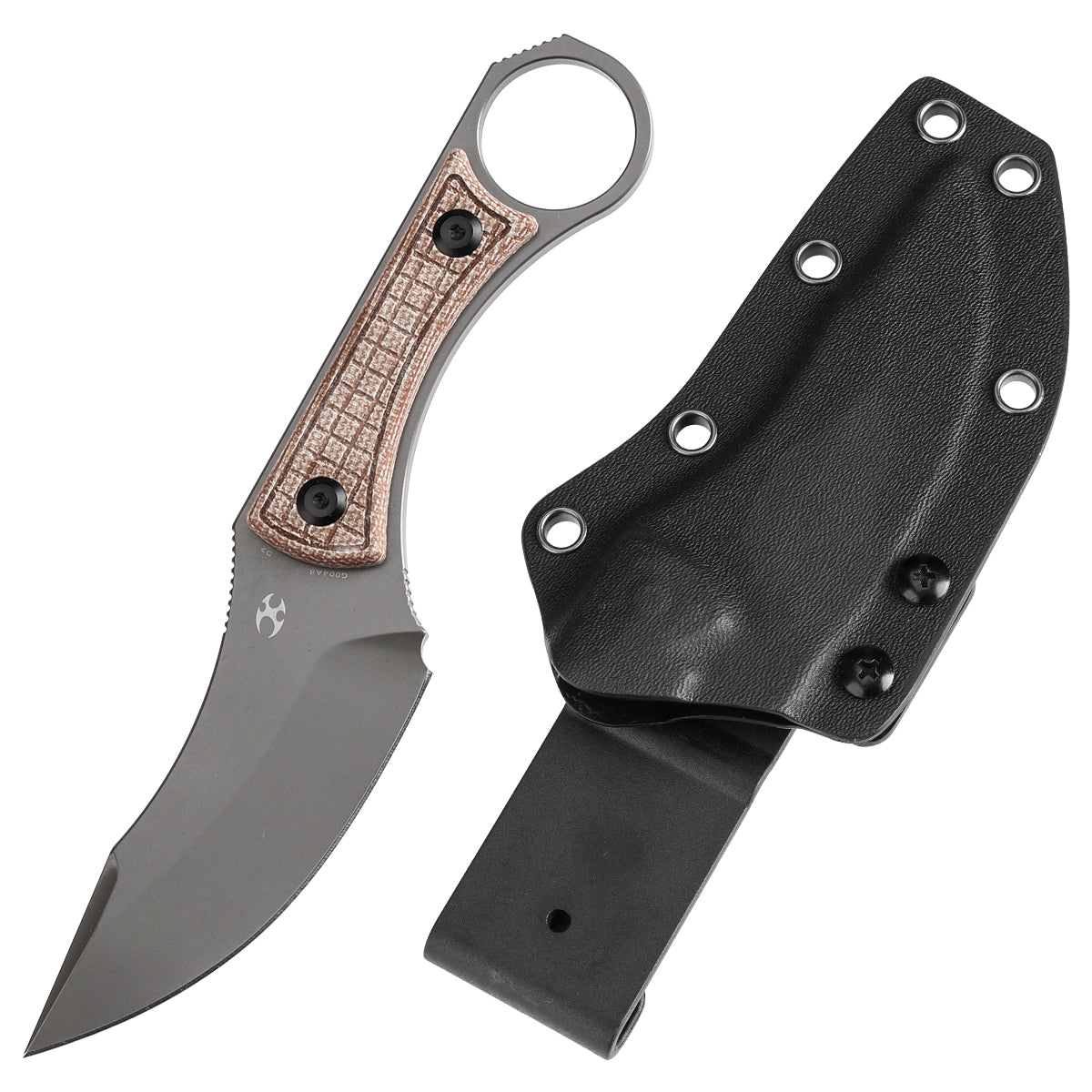 Kansept Niko G004A8 front view – 3.54" grey coated D2 clip point fixed blade knife