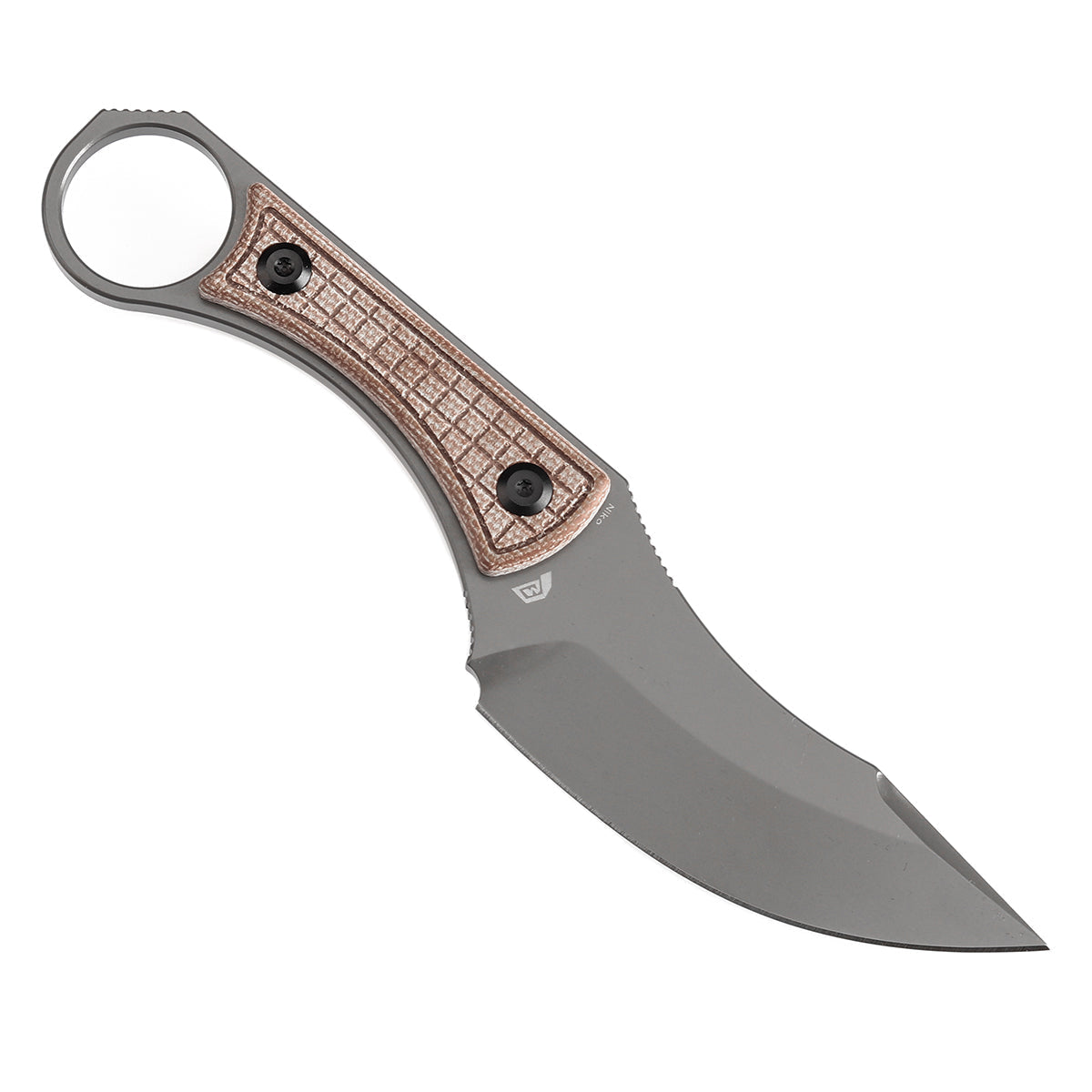 Kansept Niko G004A8 brown Micarta frag pattern handle detail